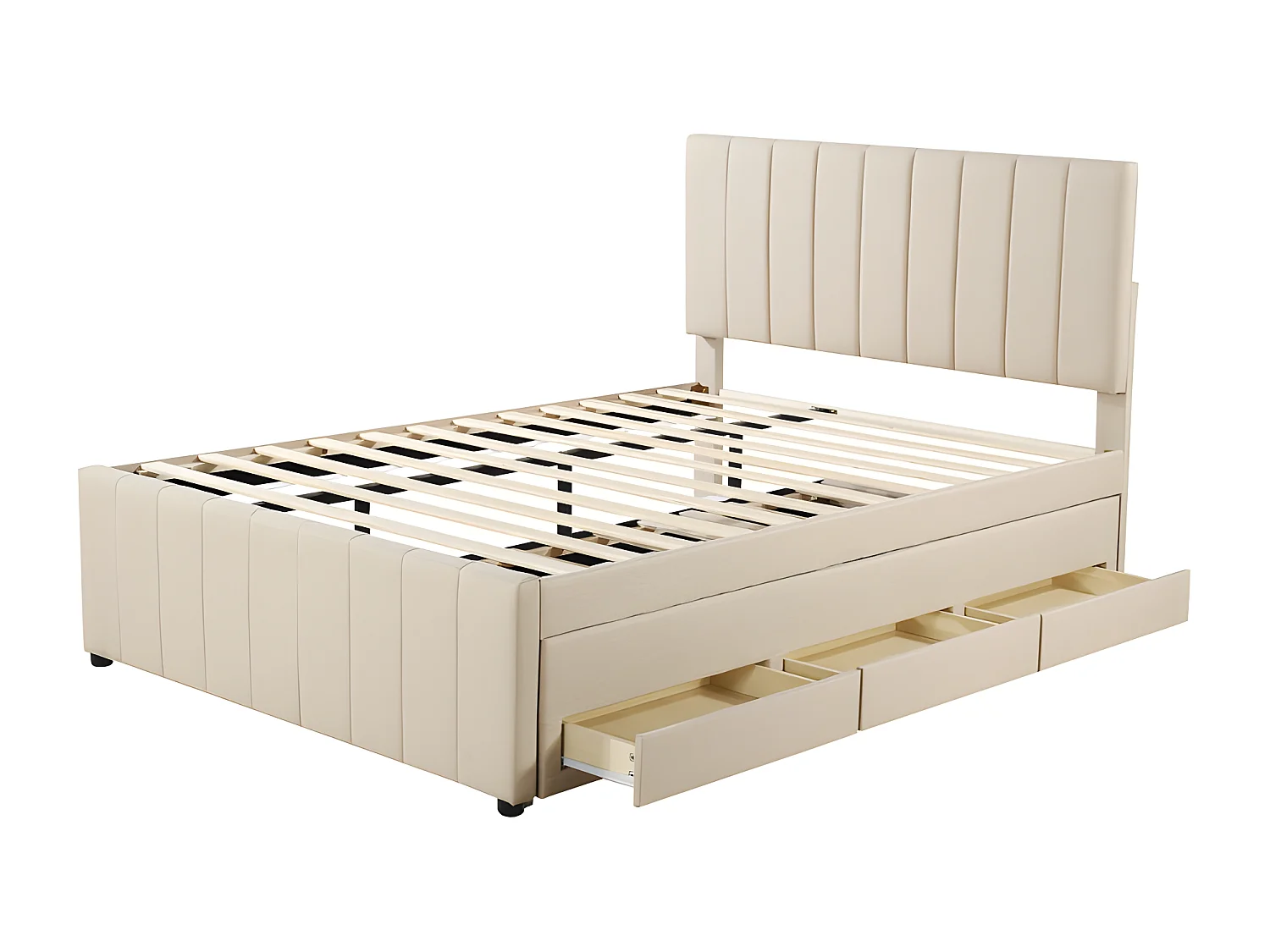 Lit rembourré en lin 140x200cm - avec un lit gigogne à roulettes et 3 tiroirs - Beige