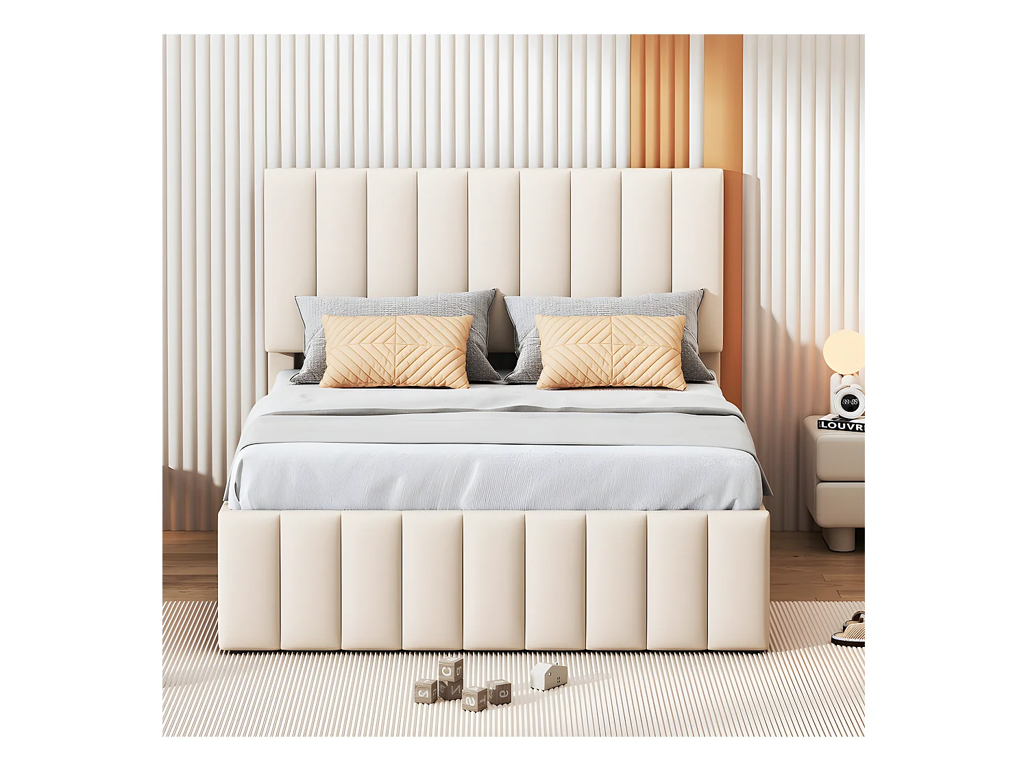 Letto imbottito in lino 140x200 cm - con letto estraibile su ruote e 3 cassetti - Beige