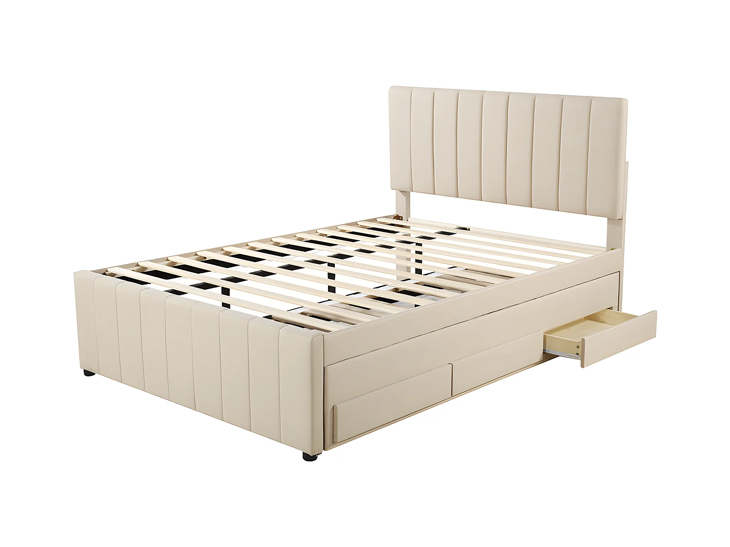 Letto imbottito in lino 140x200 cm - con letto estraibile su ruote e 3 cassetti - Beige