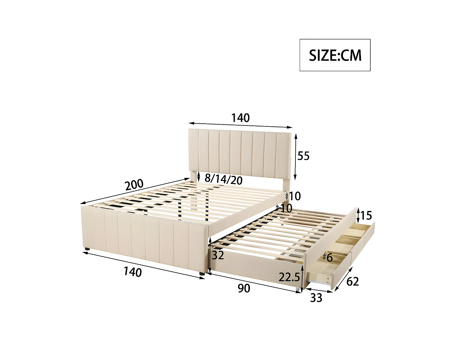 Letto imbottito in lino 140x200 cm - con letto estraibile su ruote e 3 cassetti - Beige