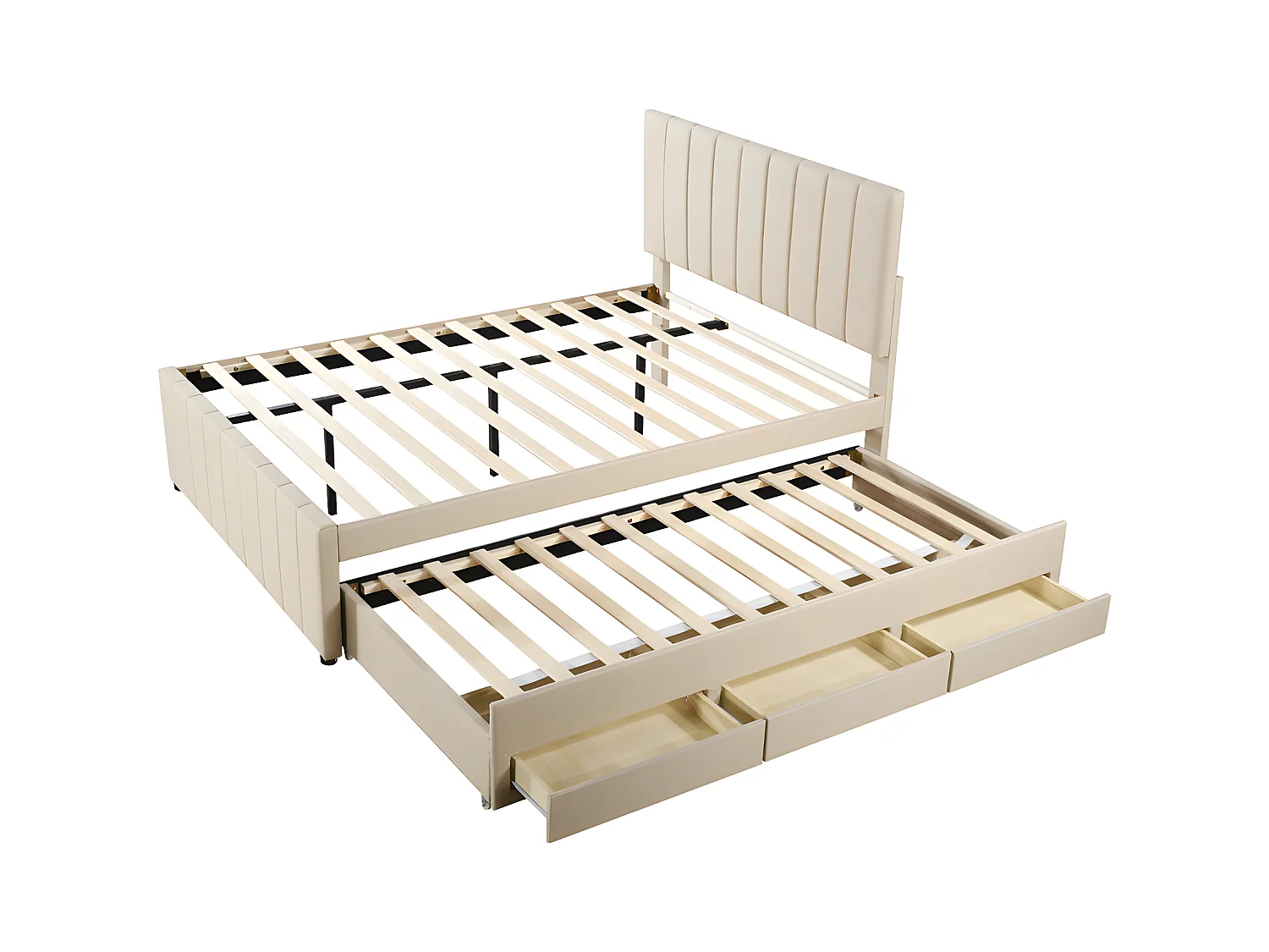 Letto imbottito in lino 140x200 cm - con letto estraibile su ruote e 3 cassetti - Beige