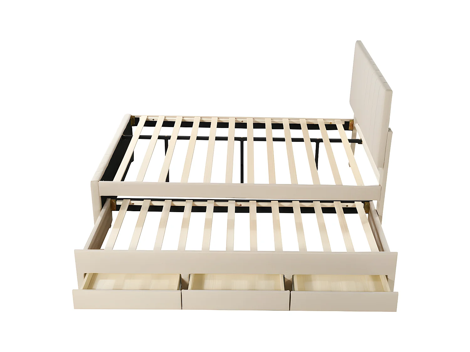 Letto imbottito in lino 140x200 cm - con letto estraibile su ruote e 3 cassetti - Beige