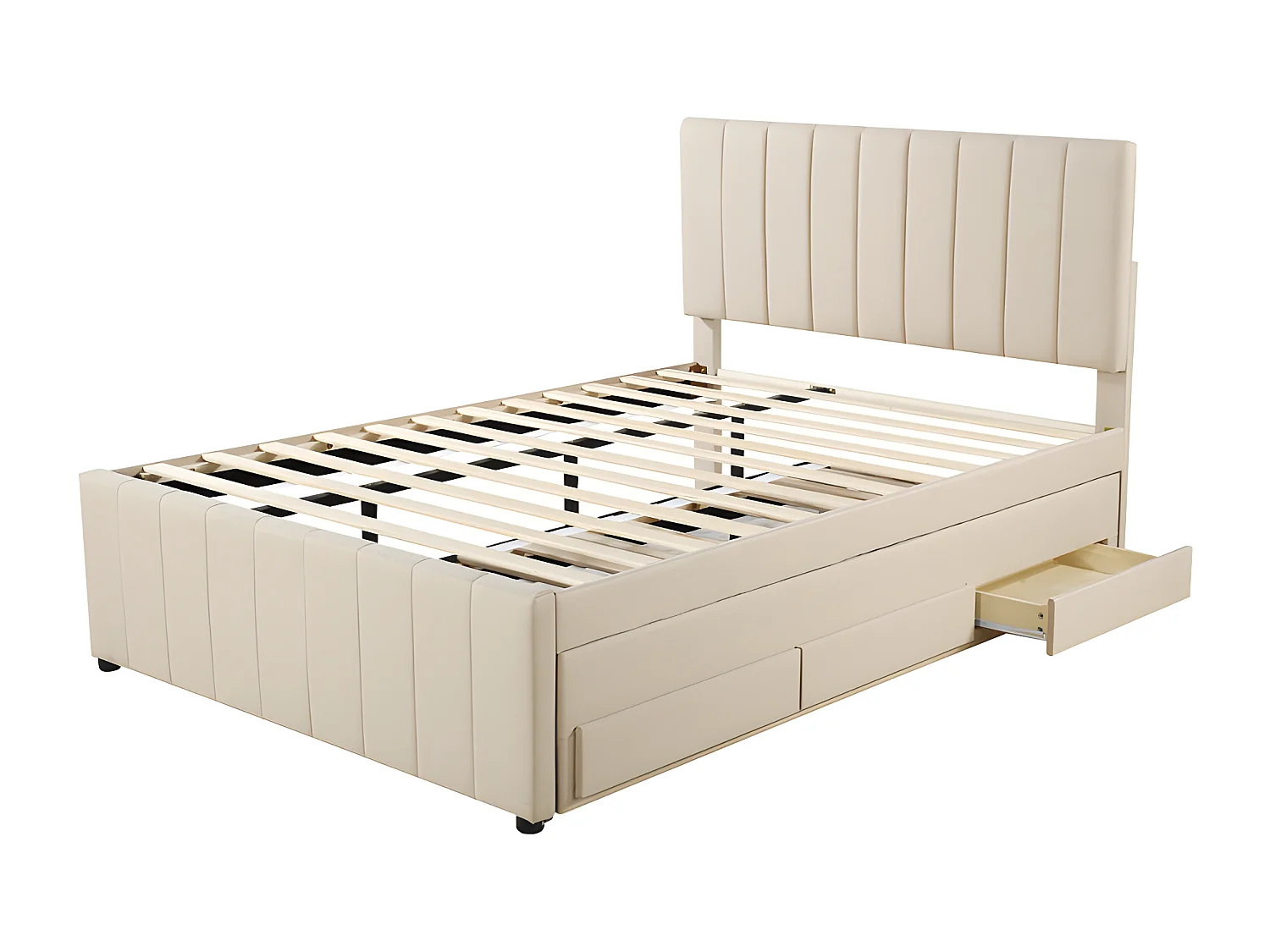 Gepolstertes Leinenbett 140 x 200 cm – mit Ausziehbett auf Rollen und 3 Schubladen – Beige