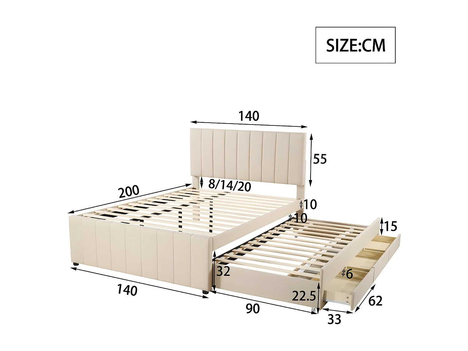 Gepolstertes Leinenbett 140 x 200 cm – mit Ausziehbett auf Rollen und 3 Schubladen – Beige