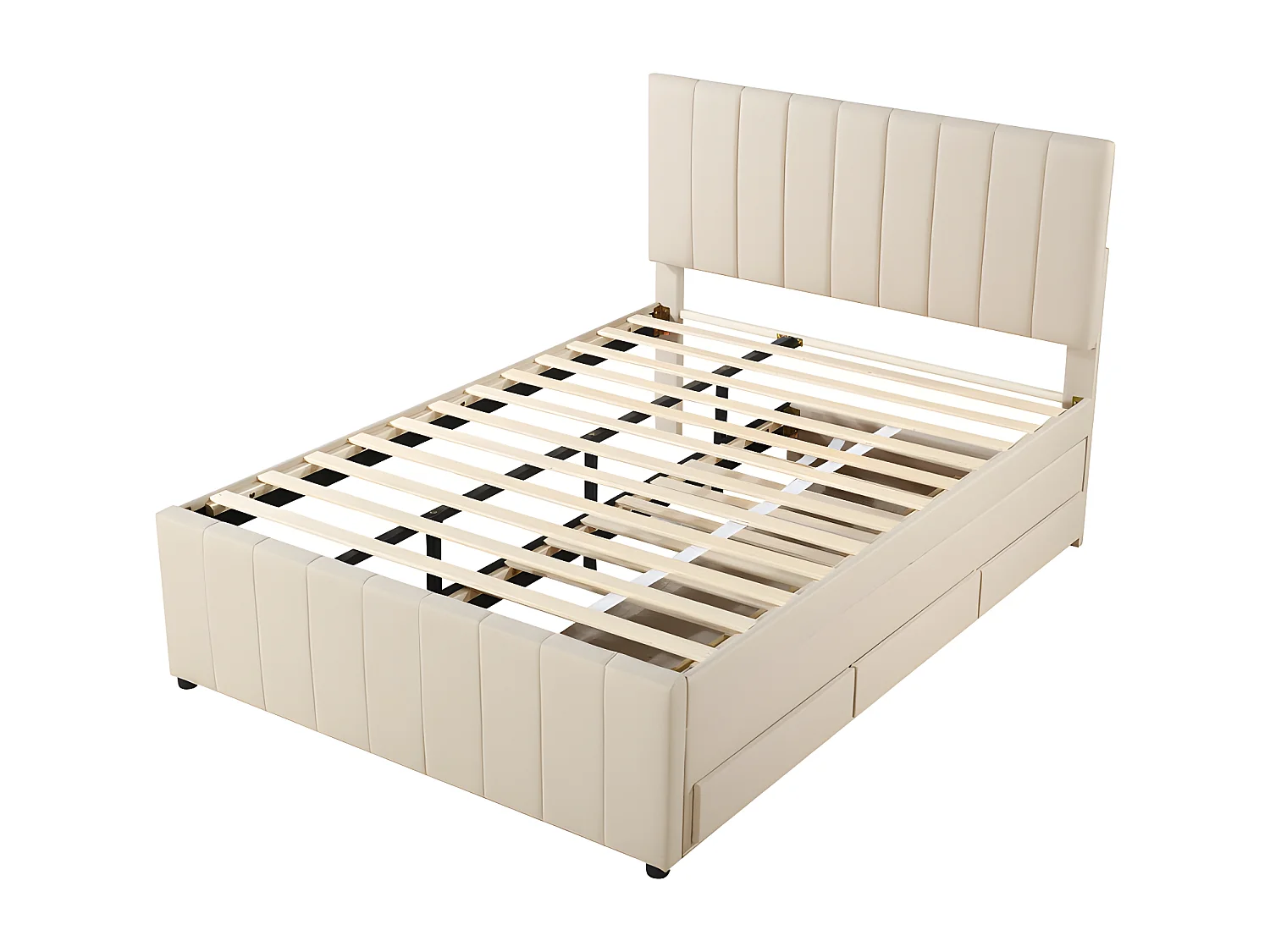 Gepolstertes Leinenbett 140 x 200 cm – mit Ausziehbett auf Rollen und 3 Schubladen – Beige