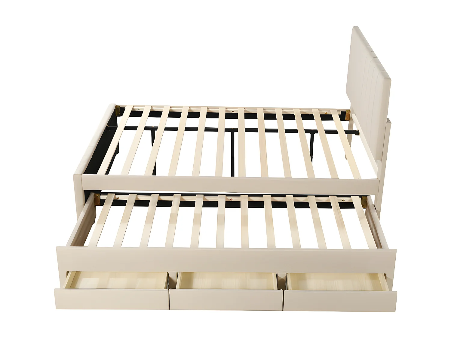 Gepolstertes Leinenbett 140 x 200 cm – mit Ausziehbett auf Rollen und 3 Schubladen – Beige