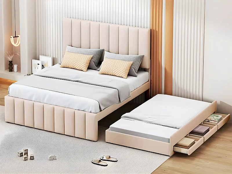 Gestoffeerd linnen bed 140x200cm - met onderschuifbed op wielen en 3 lades - Beige