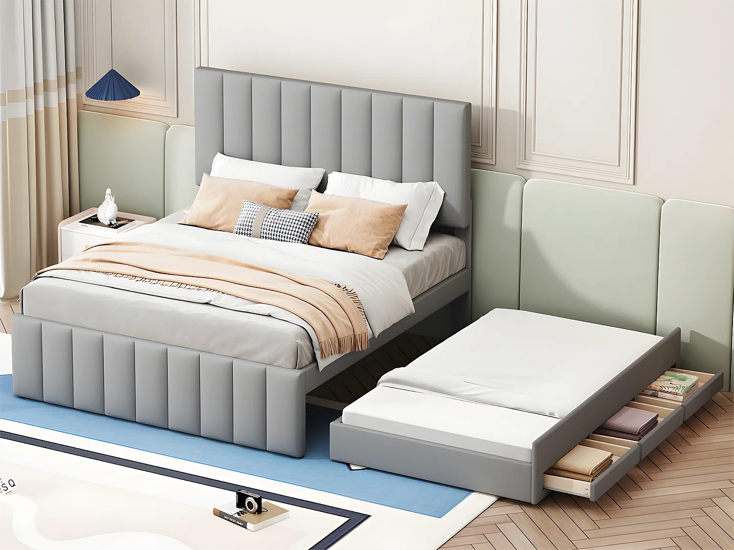 Gepolstertes Leinenbett 140 x 200 cm – mit Ausziehbett auf Rollen und 3 Schubladen – Grau