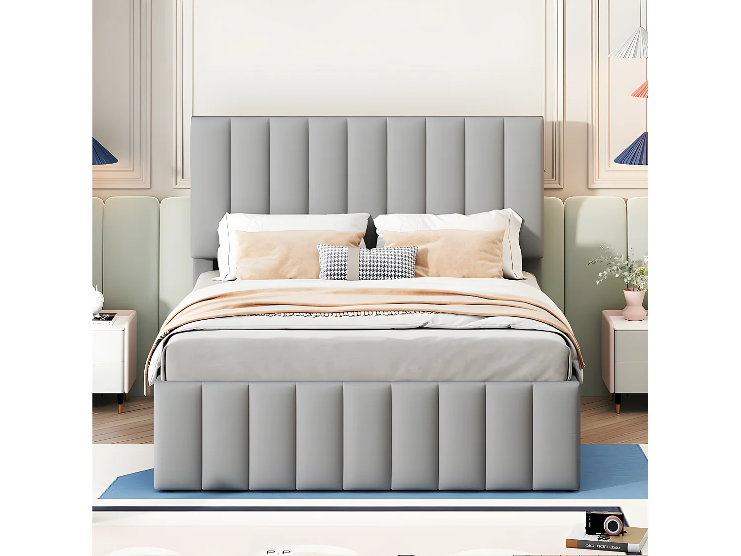 Gepolstertes Leinenbett 140 x 200 cm – mit Ausziehbett auf Rollen und 3 Schubladen – Grau