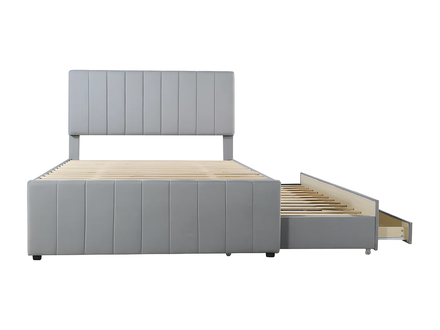 Gepolstertes Leinenbett 140 x 200 cm – mit Ausziehbett auf Rollen und 3 Schubladen – Grau