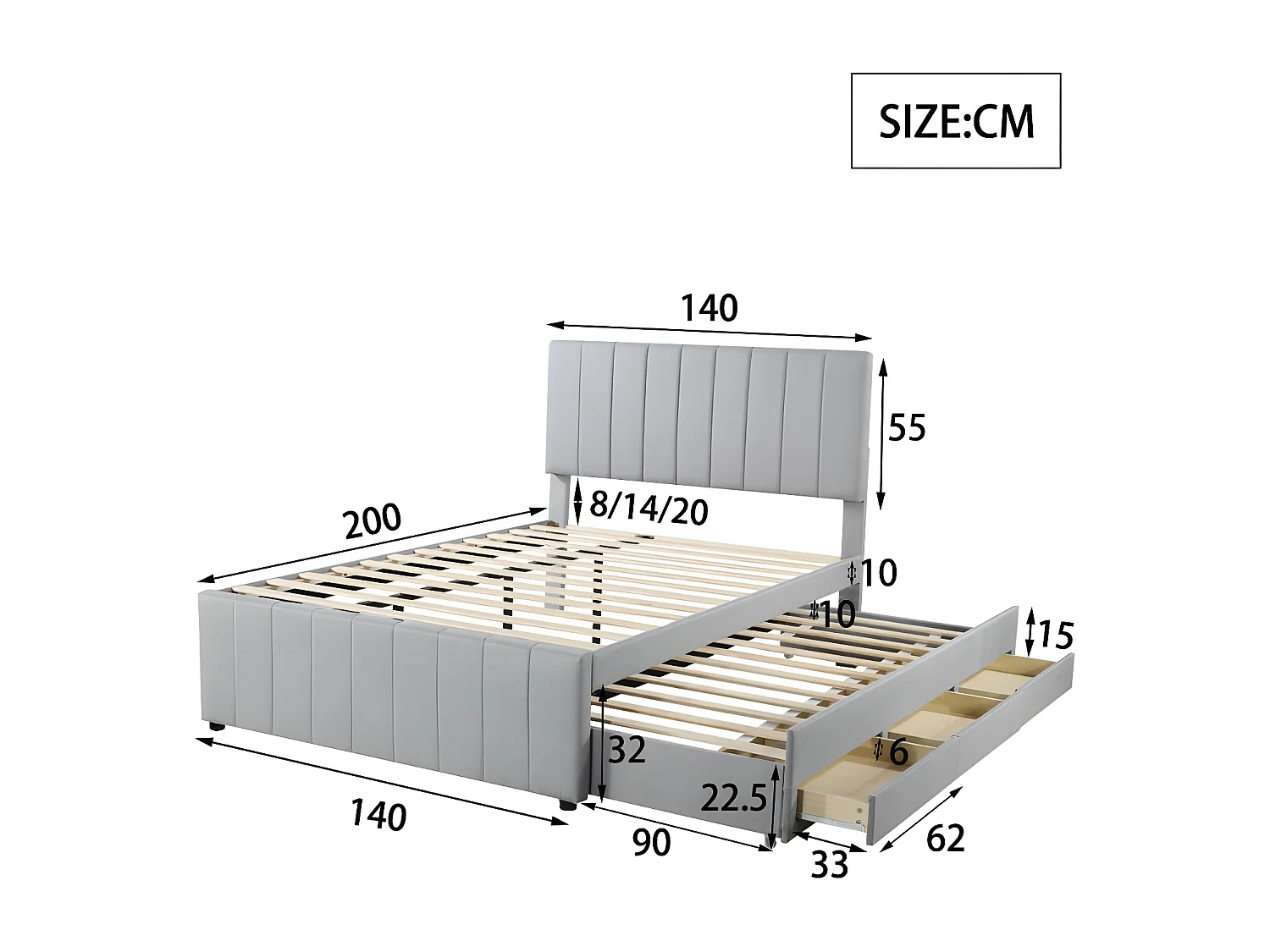 Gepolstertes Leinenbett 140 x 200 cm – mit Ausziehbett auf Rollen und 3 Schubladen – Grau