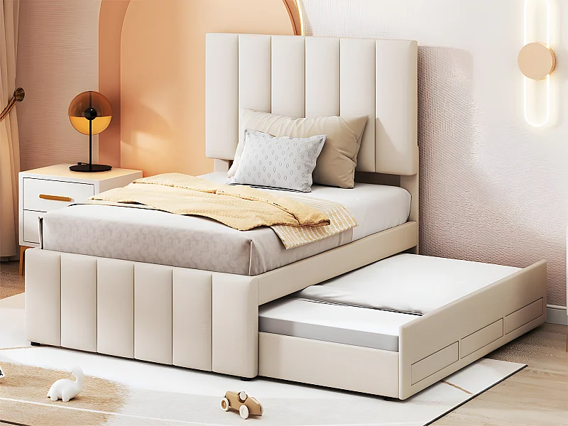 Cama tapizada de lino 90x200 cm - con cama nido con ruedas y 3 cajones - Beige