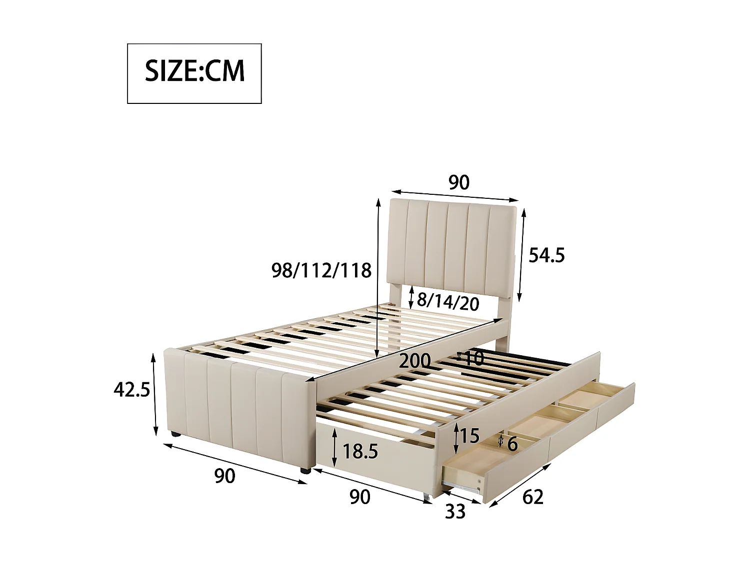 Lit rembourré en lin 90x200cm - avec un lit gigogne à roulettes et 3 tiroirs - Beige