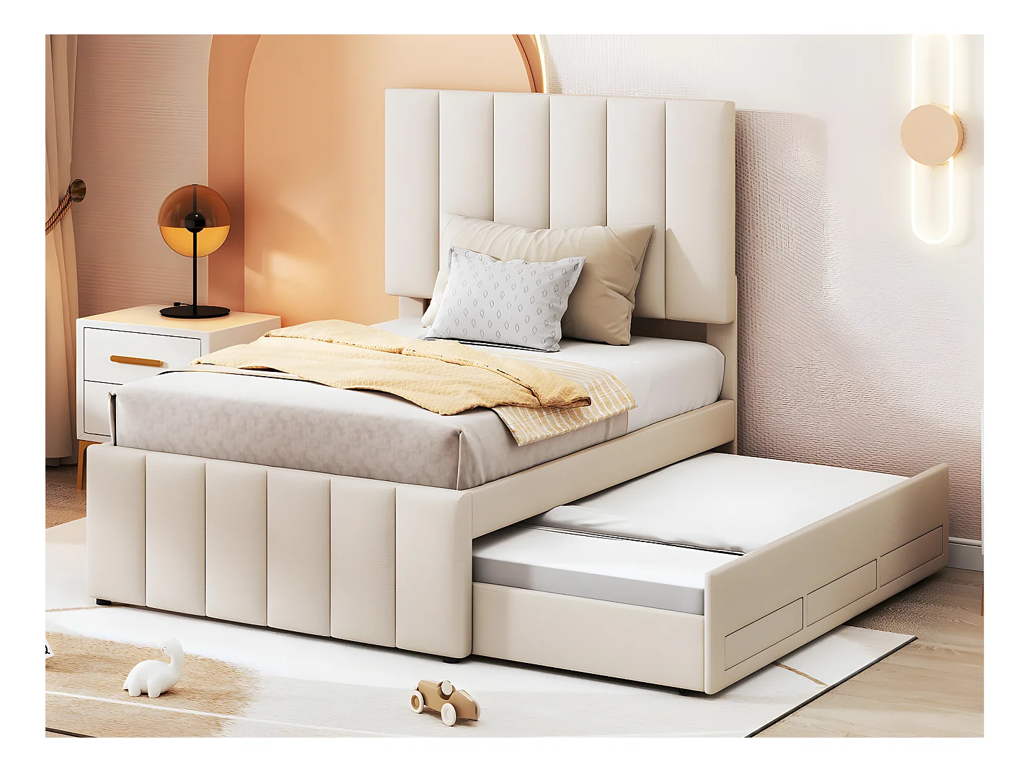 Lit rembourré en lin 90x200cm - avec un lit gigogne à roulettes et 3 tiroirs - Beige