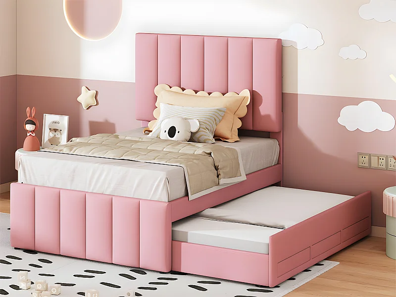 Lit rembourré en lin 90x200cm - avec un lit gigogne à roulettes et 3 tiroirs - Rose