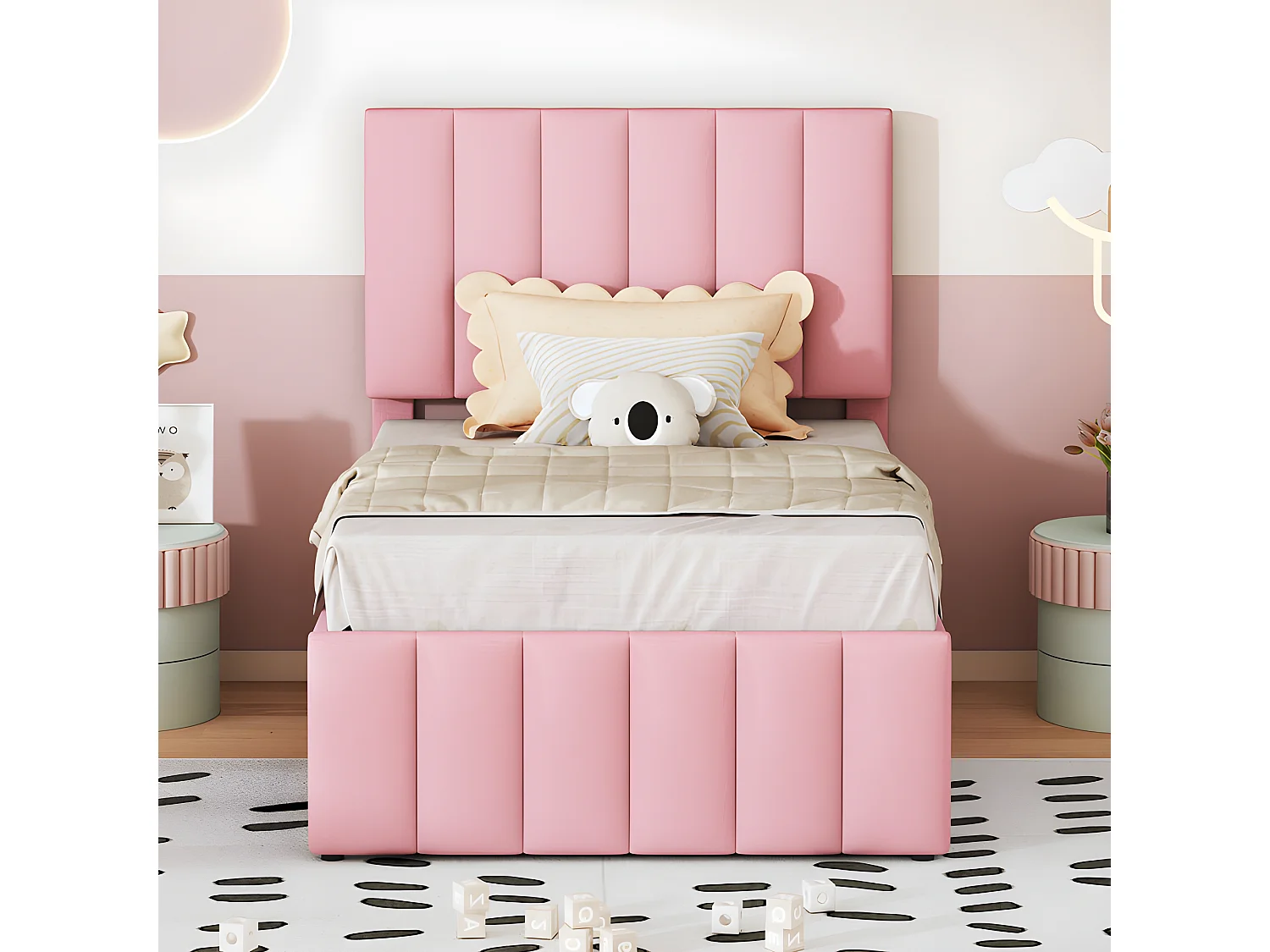 Lit rembourré en lin 90x200cm - avec un lit gigogne à roulettes et 3 tiroirs - Rose