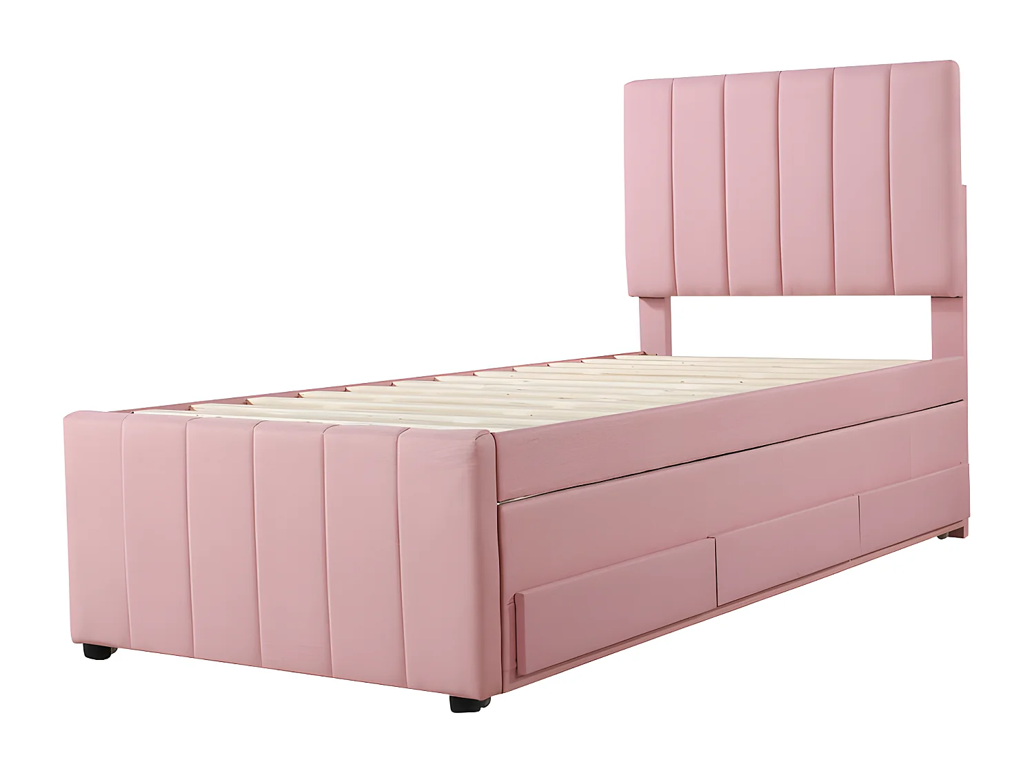 Lit rembourré en lin 90x200cm - avec un lit gigogne à roulettes et 3 tiroirs - Rose