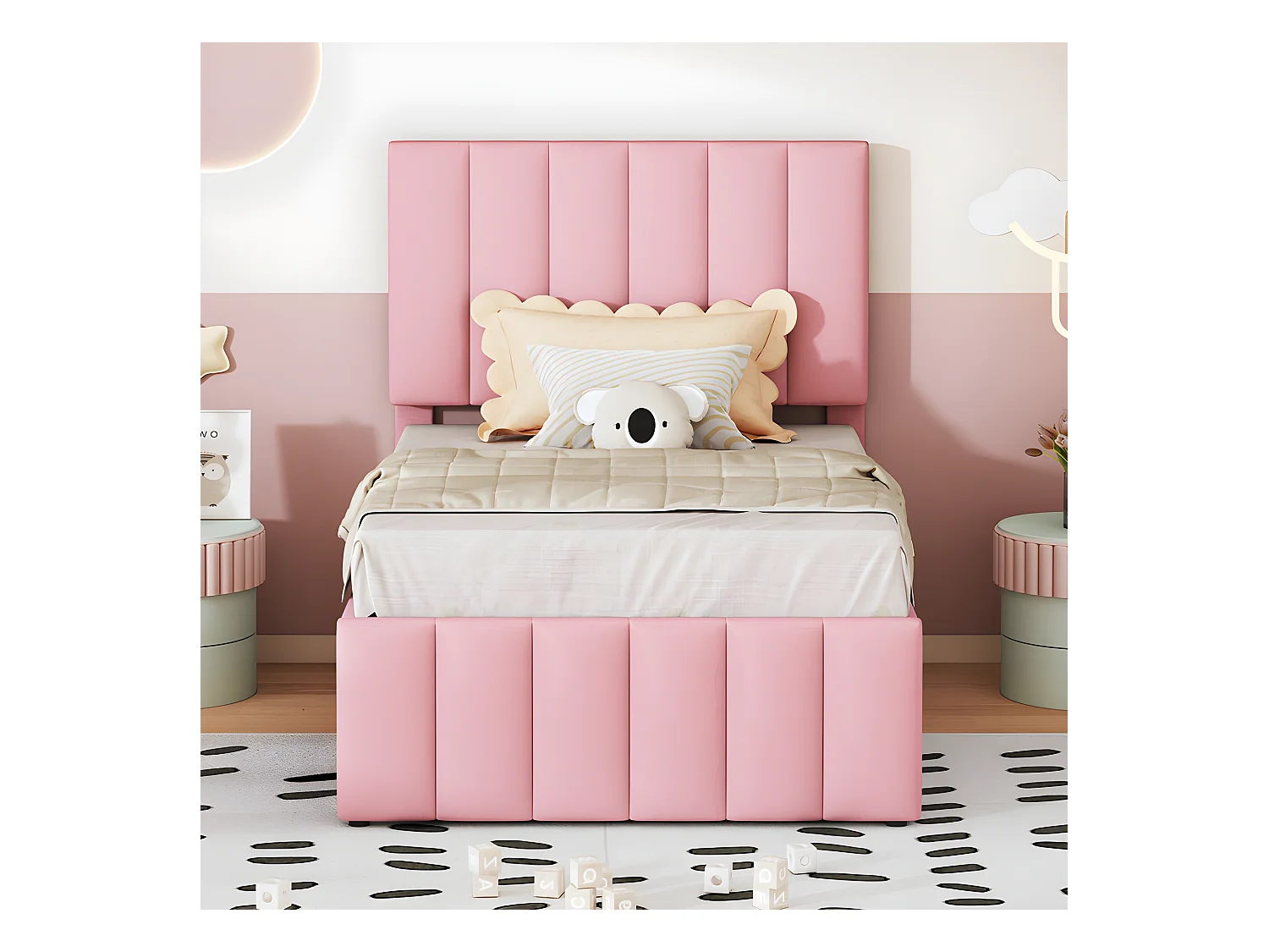 Gepolstertes Leinenbett 90 x 200 cm – mit Ausziehbett auf Rollen und 3 Schubladen – Rosa