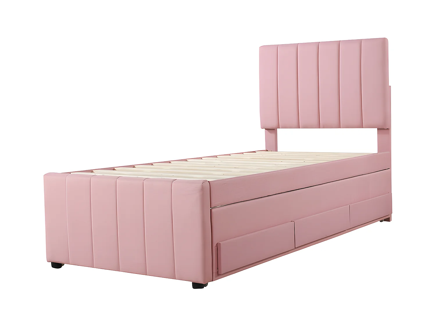 Gepolstertes Leinenbett 90 x 200 cm – mit Ausziehbett auf Rollen und 3 Schubladen – Rosa