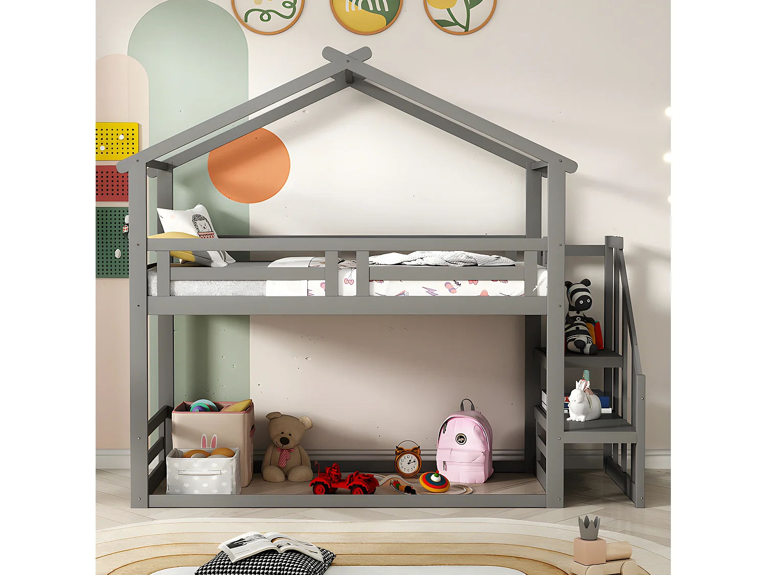 Etagenbett aus massivem Kiefernholz mit Treppe und Lattenrost – 90 x 200 cm – Grau