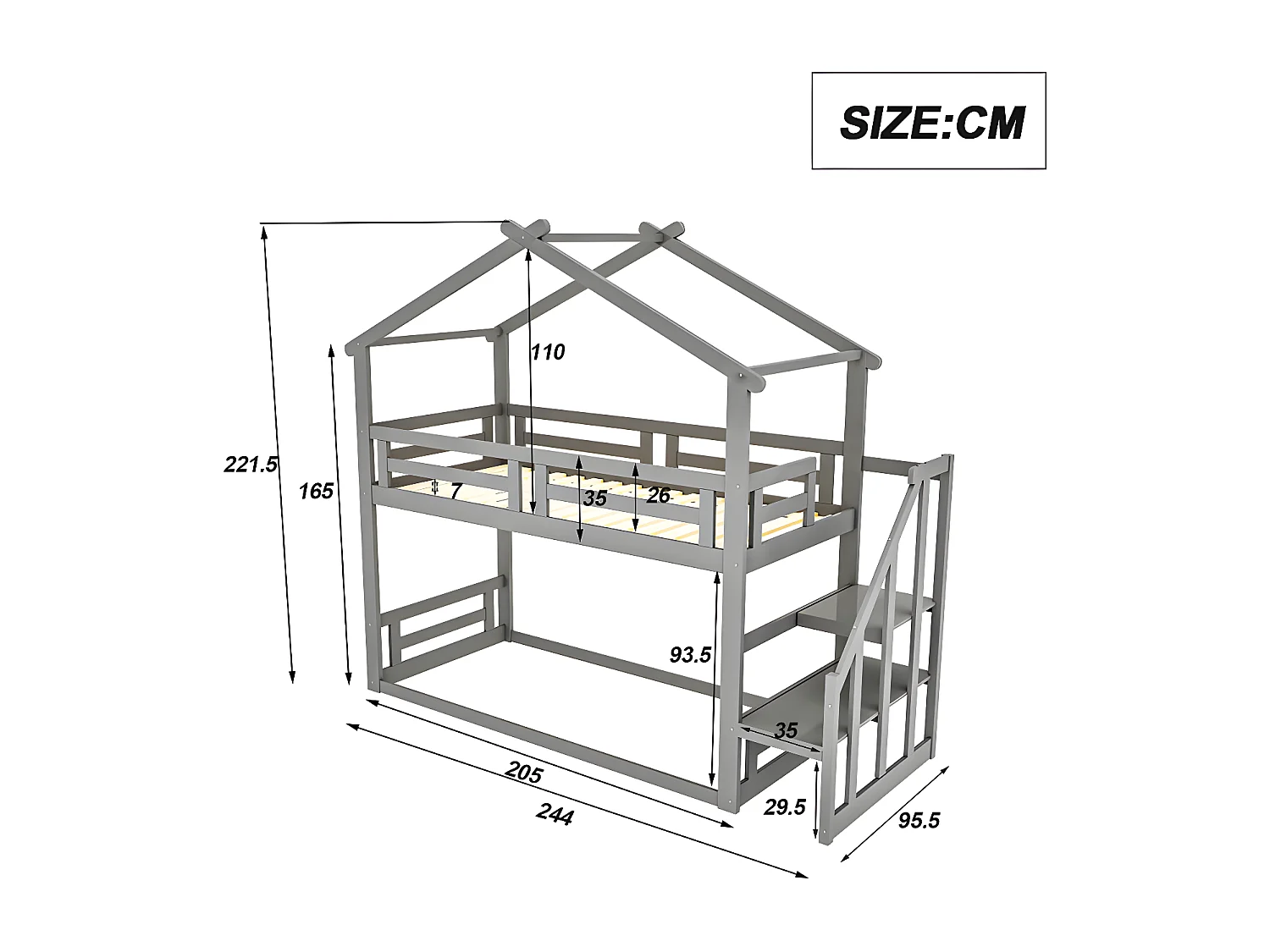 Etagenbett aus massivem Kiefernholz mit Treppe und Lattenrost – 90 x 200 cm – Grau