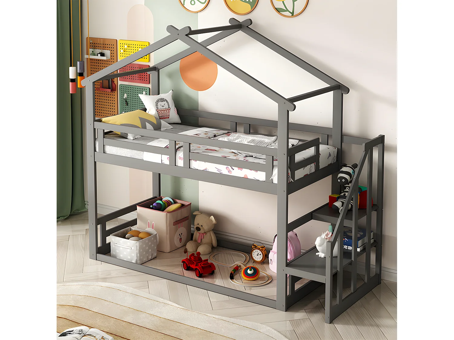 Etagenbett aus massivem Kiefernholz mit Treppe und Lattenrost – 90 x 200 cm – Grau