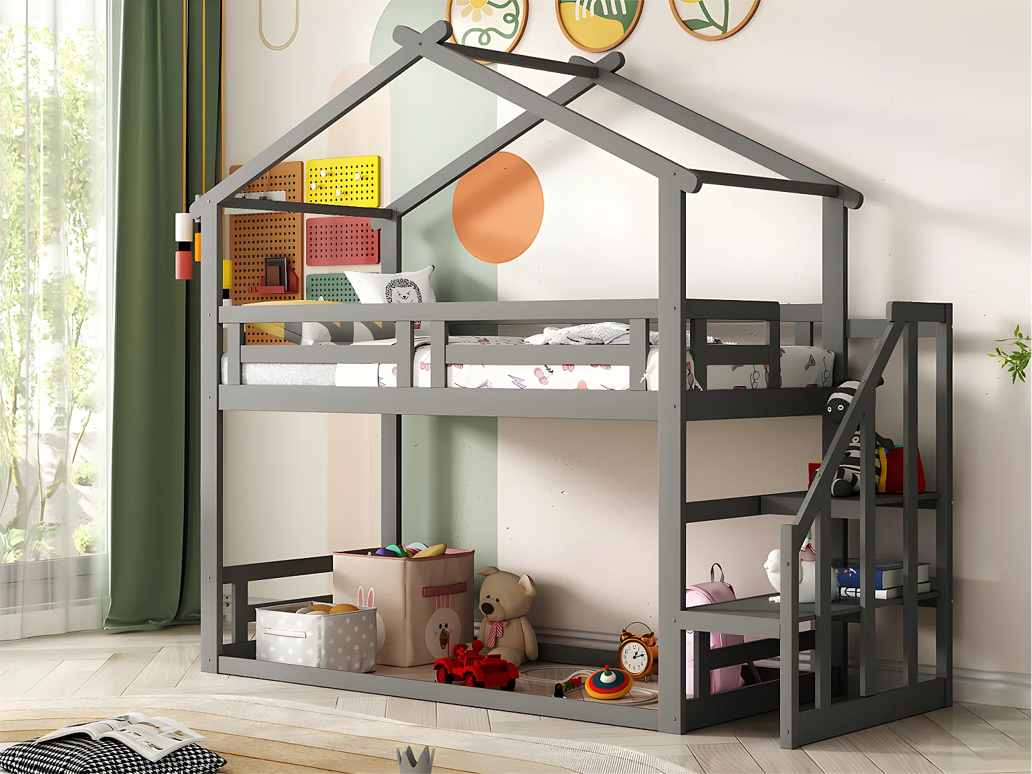 Etagenbett aus massivem Kiefernholz mit Treppe und Lattenrost – 90 x 200 cm – Grau