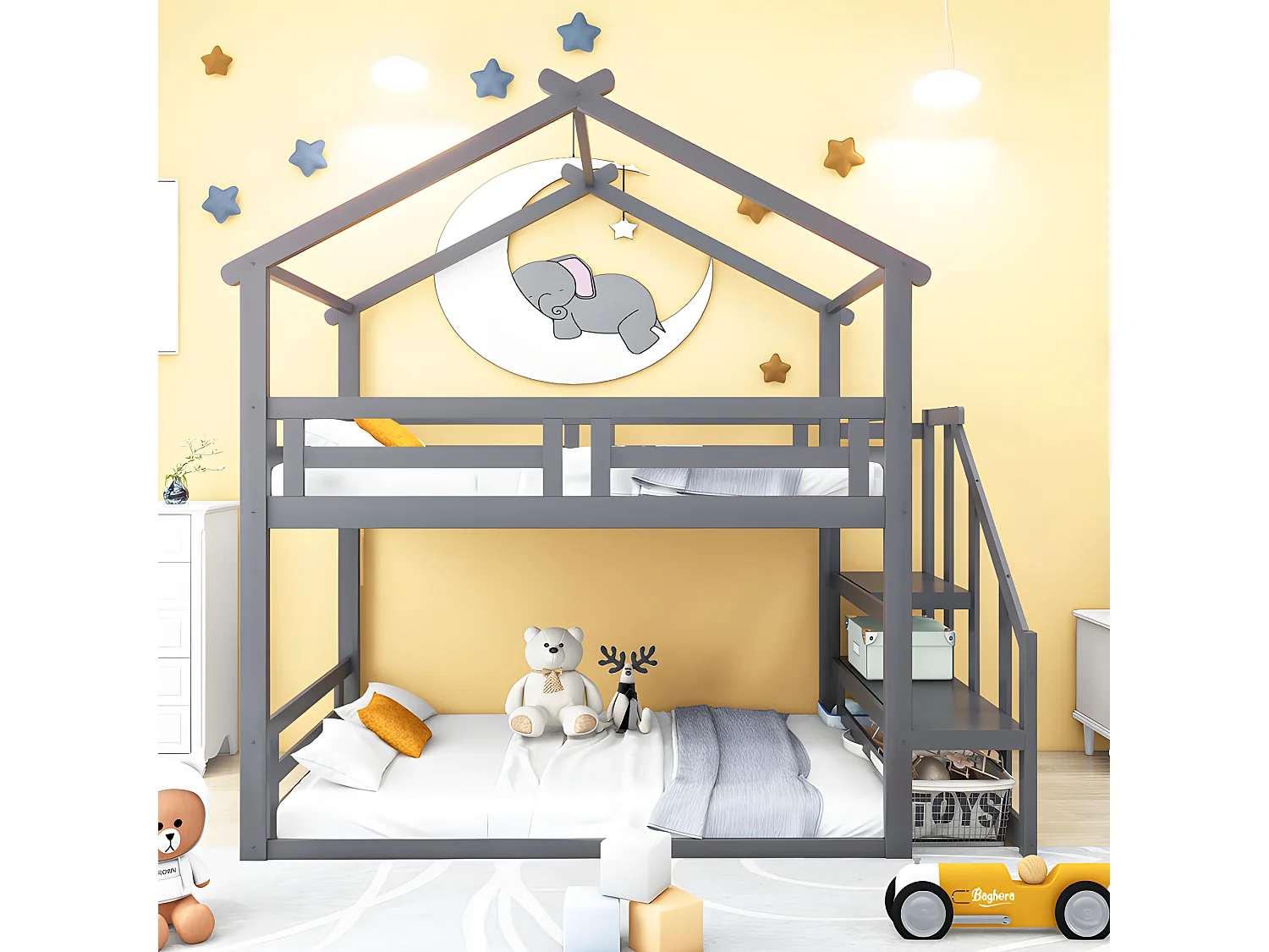 Etagenbett aus massivem Kiefernholz mit Treppe und Lattenrost – 90 x 200 cm – Grau