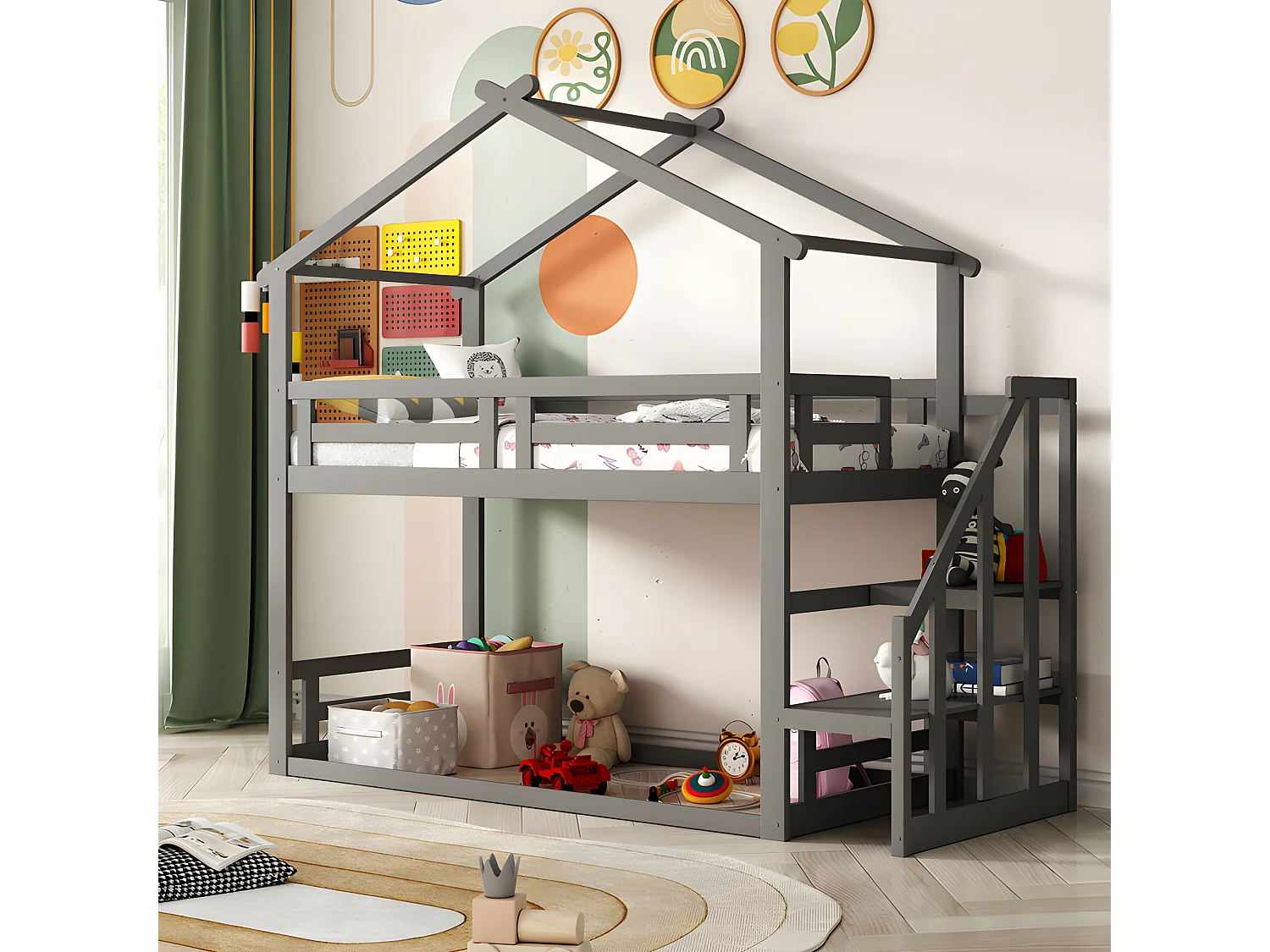 Etagenbett aus massivem Kiefernholz mit Treppe und Lattenrost – 90 x 200 cm – Grau