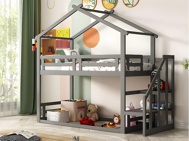 Lit superposé cabane en pin massif avec escalier et sommier à lattes - 90x200cm - Gris