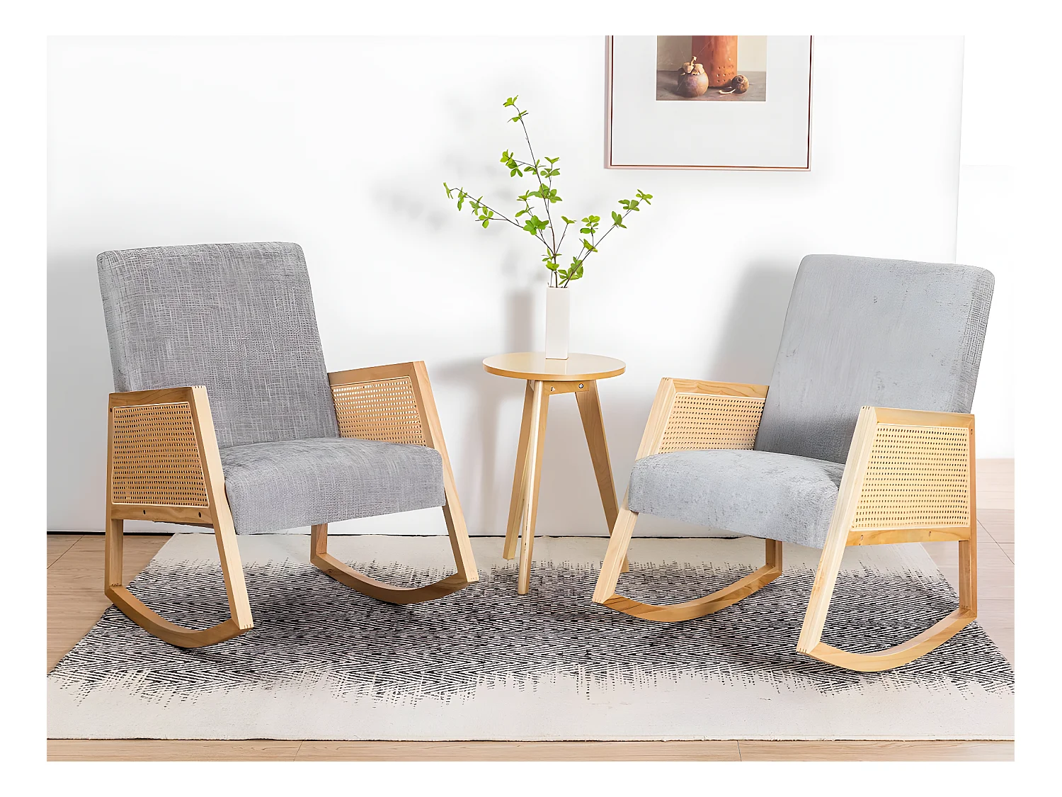 Fauteuil rembourrée à bascule en bois massif - chaise longue pour salon - Gris - 2 pièces