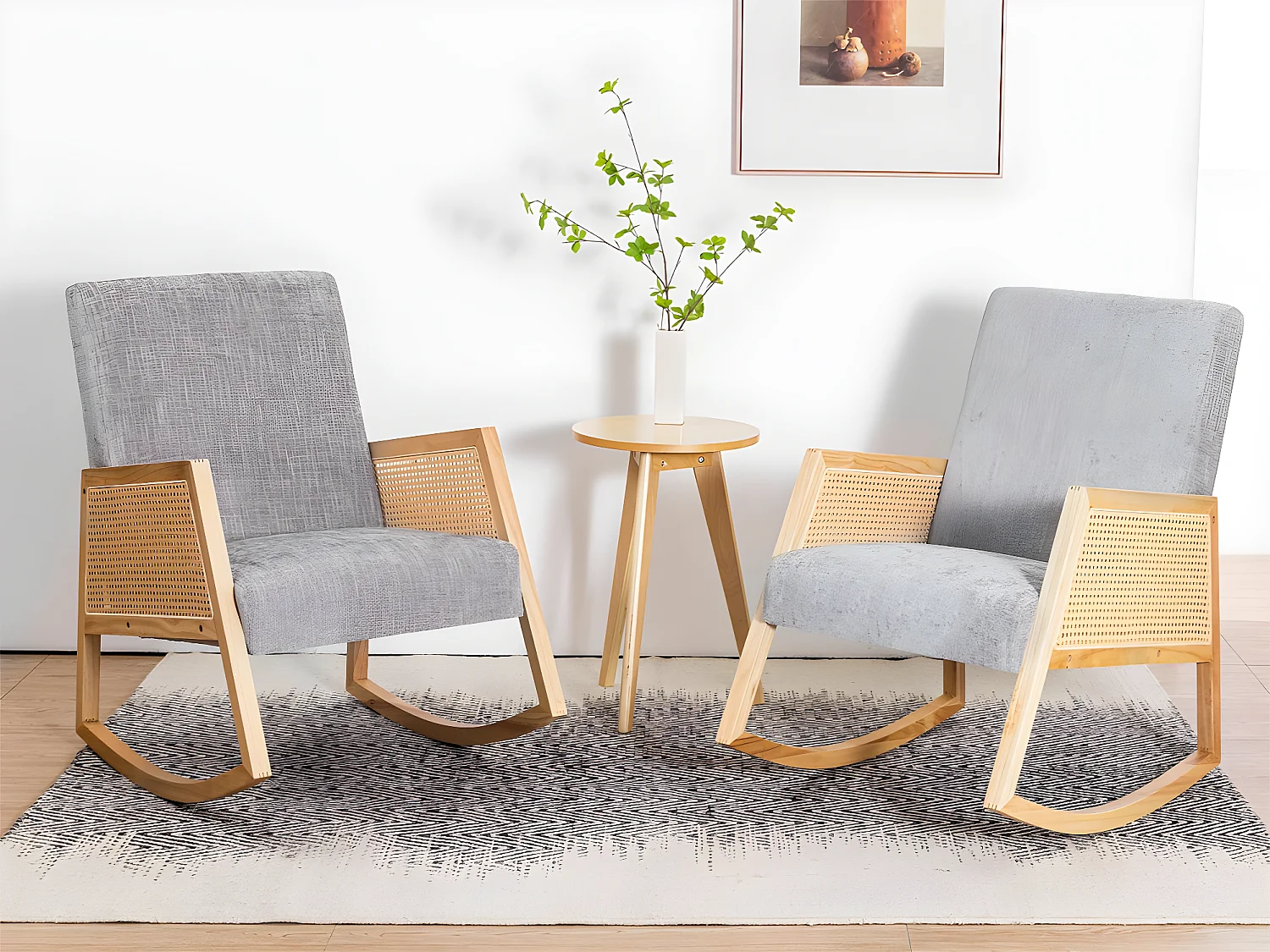 Fauteuil rembourrée à bascule en bois massif - chaise longue pour salon - Gris - 2 pièces