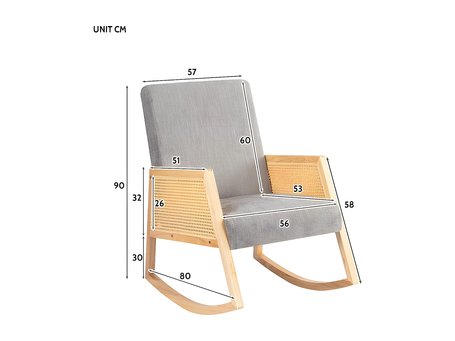 Fauteuil rembourrée à bascule en bois massif - chaise longue pour salon - Gris - 2 pièces