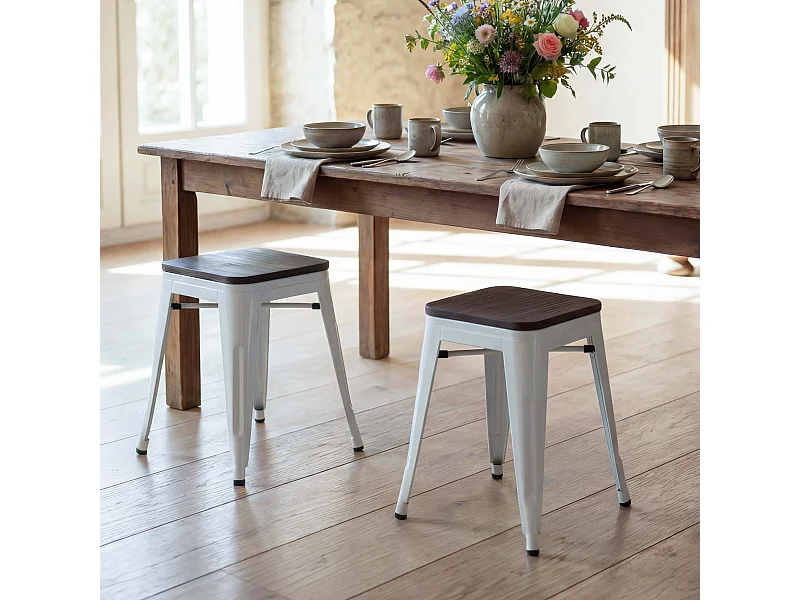 2x tabouret MCW-A73, assise en bois incluse,  blanc