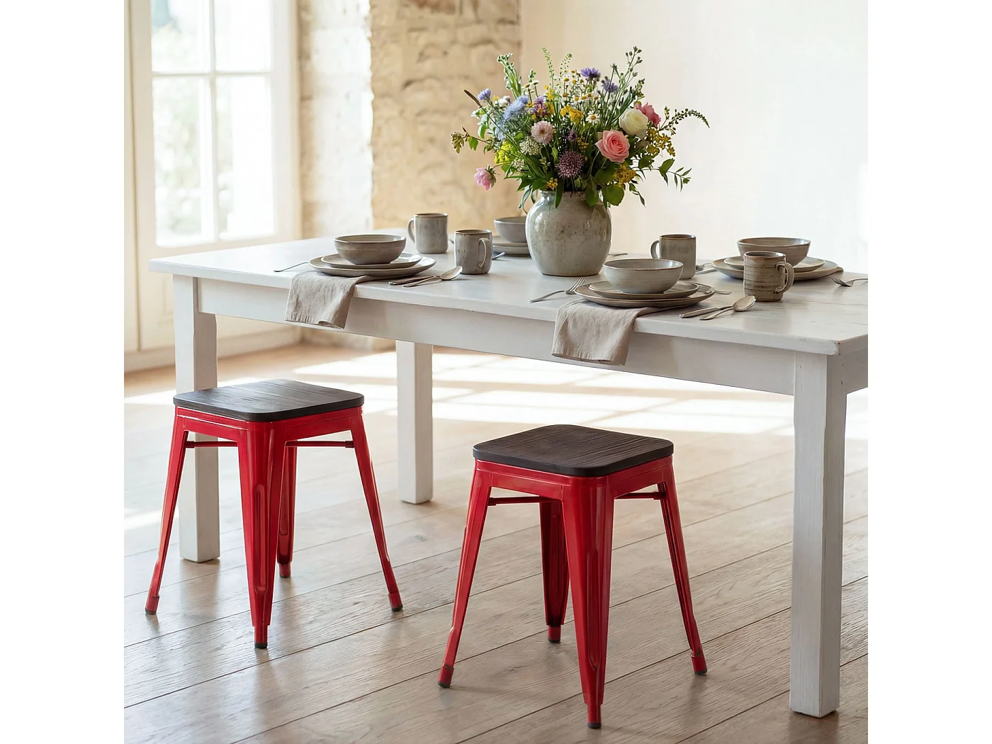 Hocker MCW-A73 (2er-Set) Holz-Sitzfläche, Rot