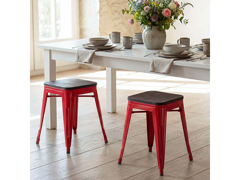 2x tabouret MCW-A73, assise en bois incluse,  rouge
