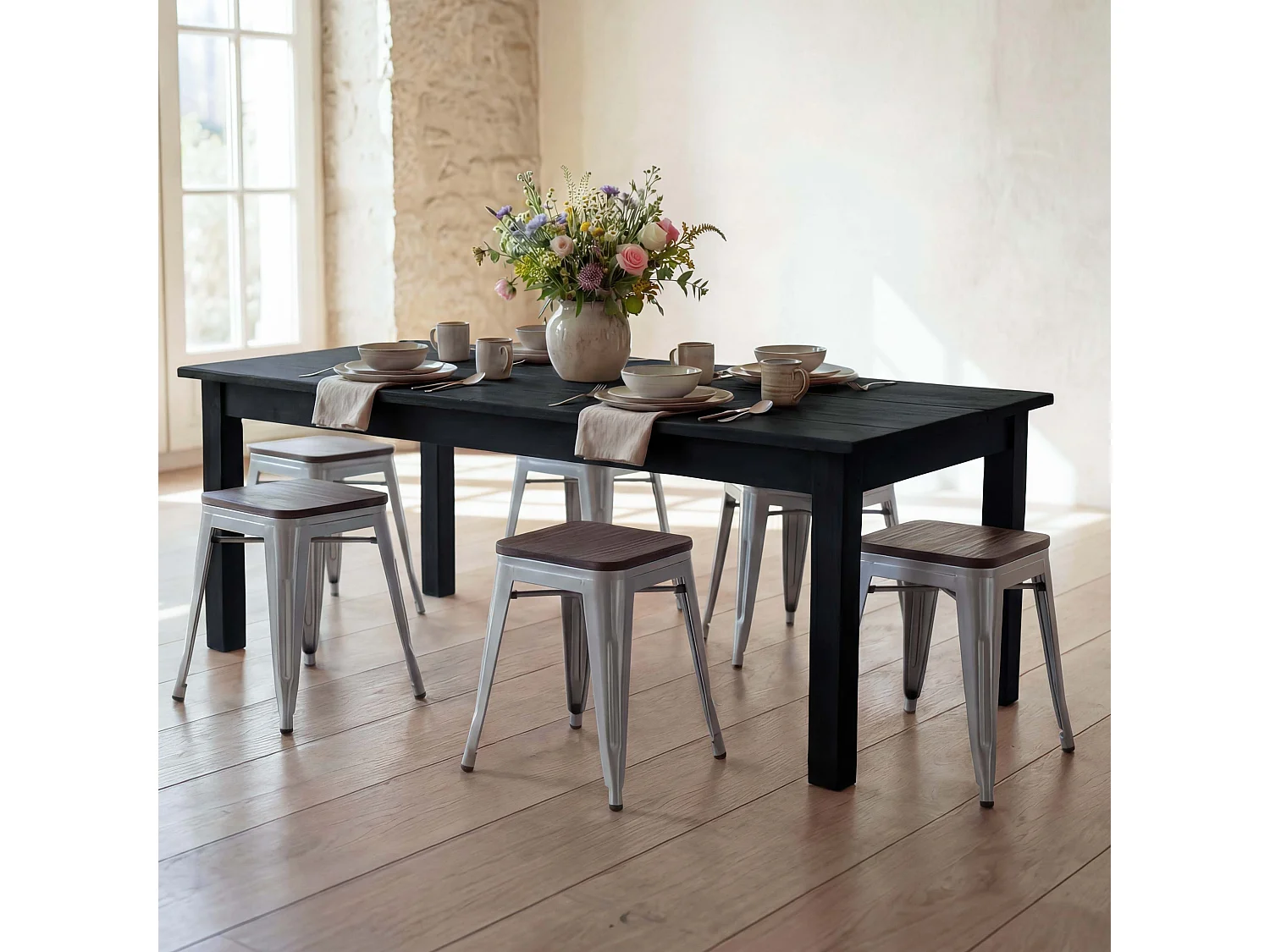 Taboret MCW-A73 (zestaw 6 sztuk) Drewniane siedzisko,  szare