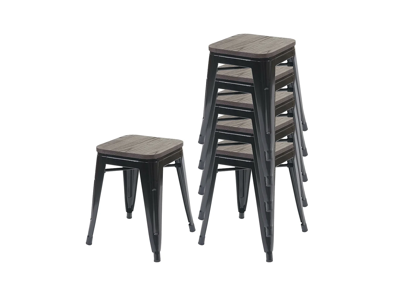 6x tabourets MCW-A73, assise en bois incluse,  noir