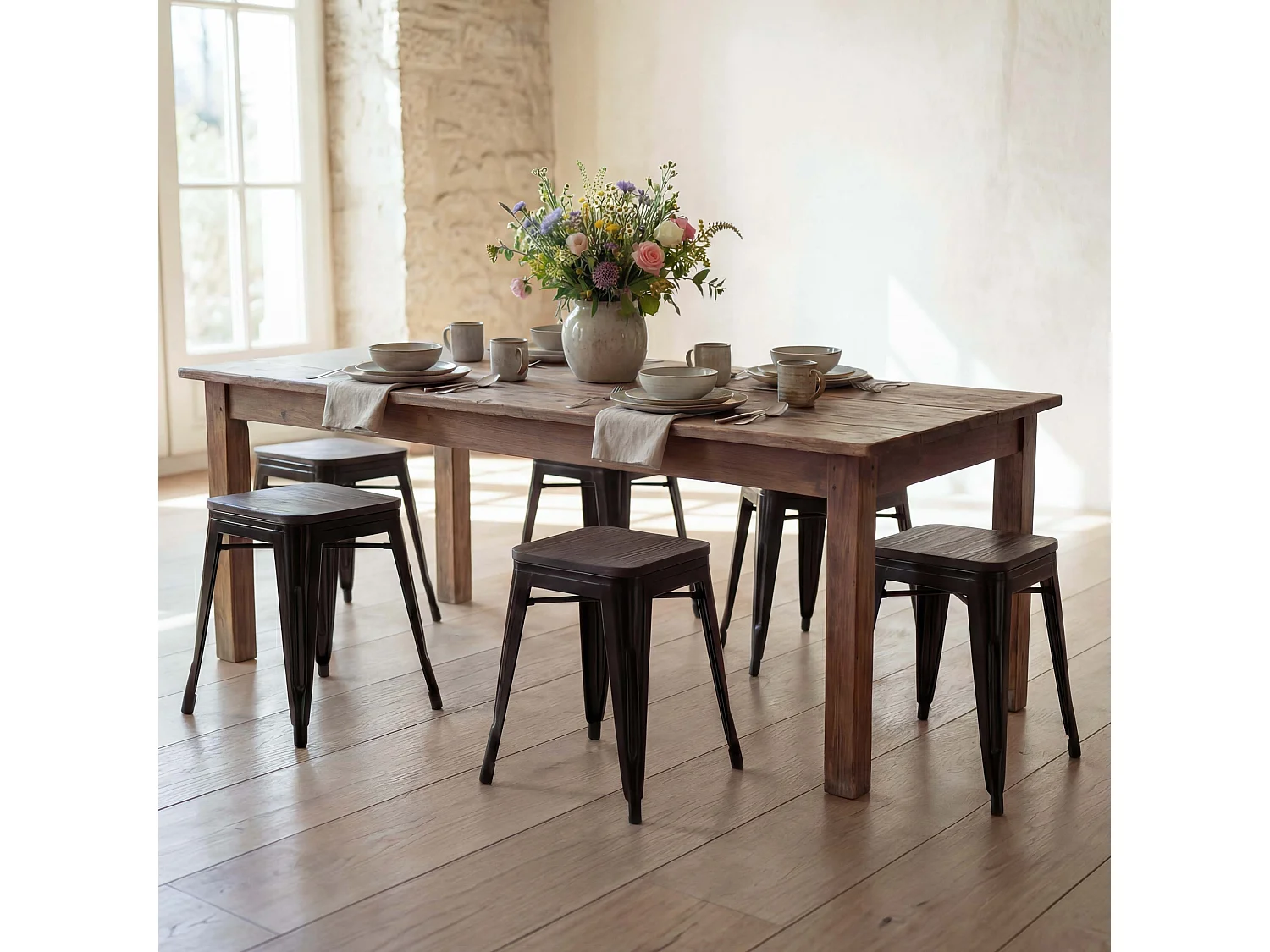 Taboret MCW-A73 (zestaw 6 sztuk) Drewniane siedzisko,  czarne