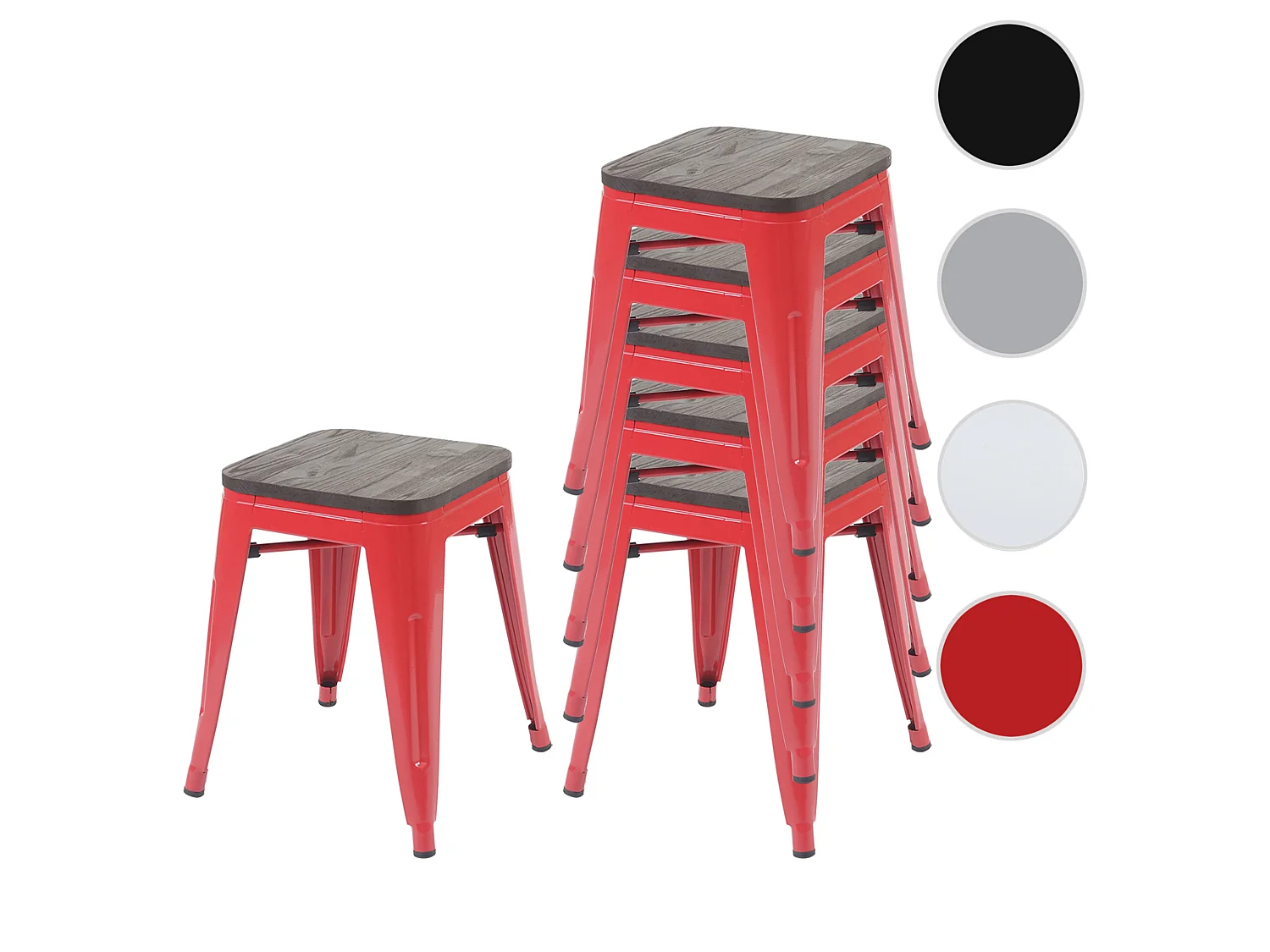 6x tabourets MCW-A73, assise en bois incluse,  rouge