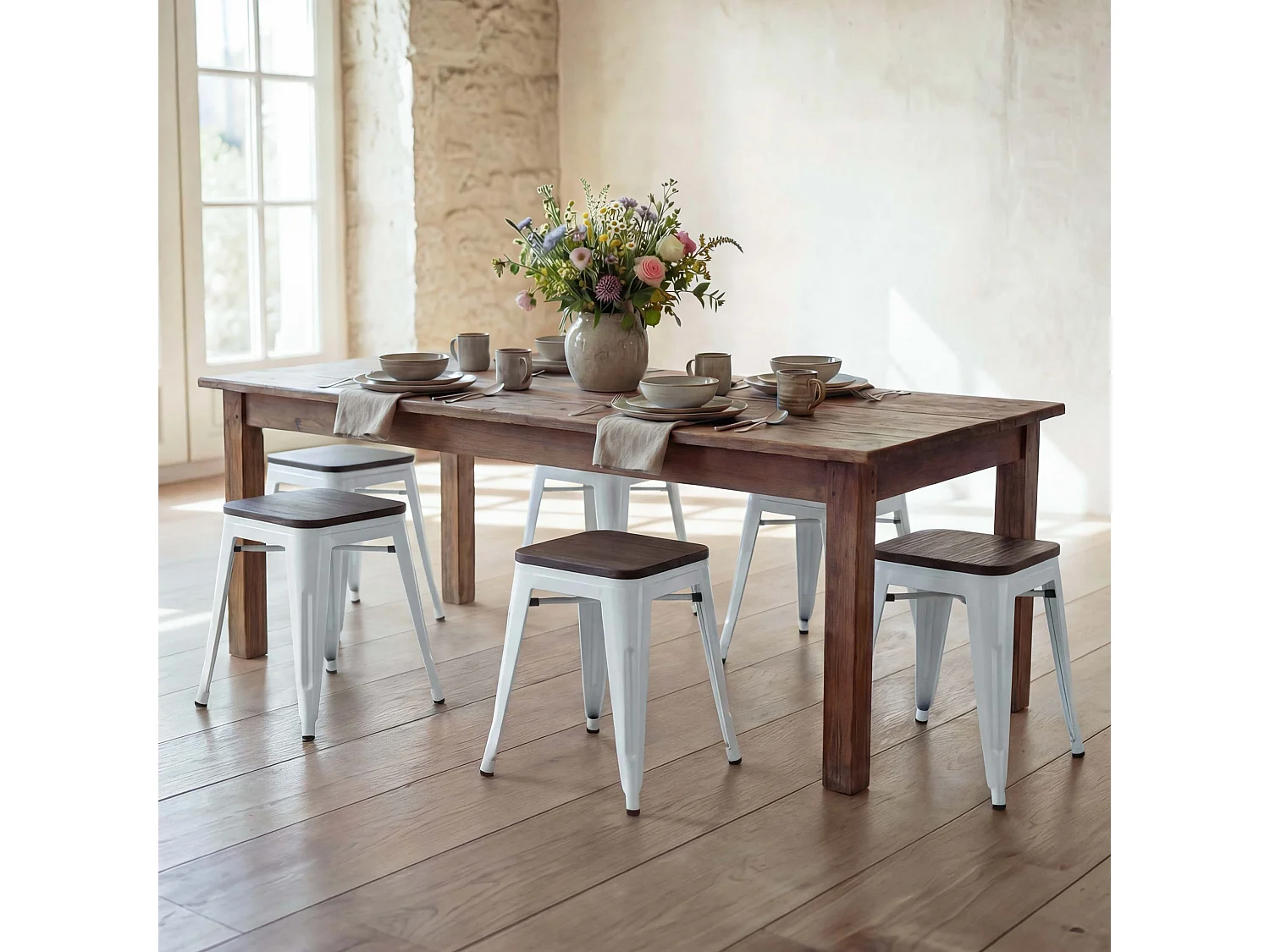 Taboret MCW-A73 (zestaw 6 sztuk) Drewniane siedzisko,  białe