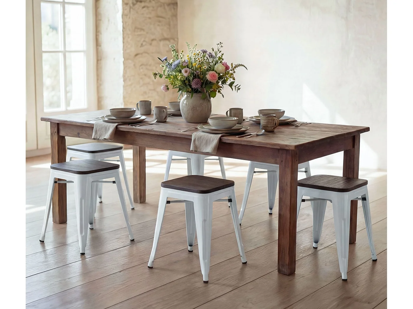 Taboret MCW-A73 (zestaw 6 sztuk) Drewniane siedzisko,  białe