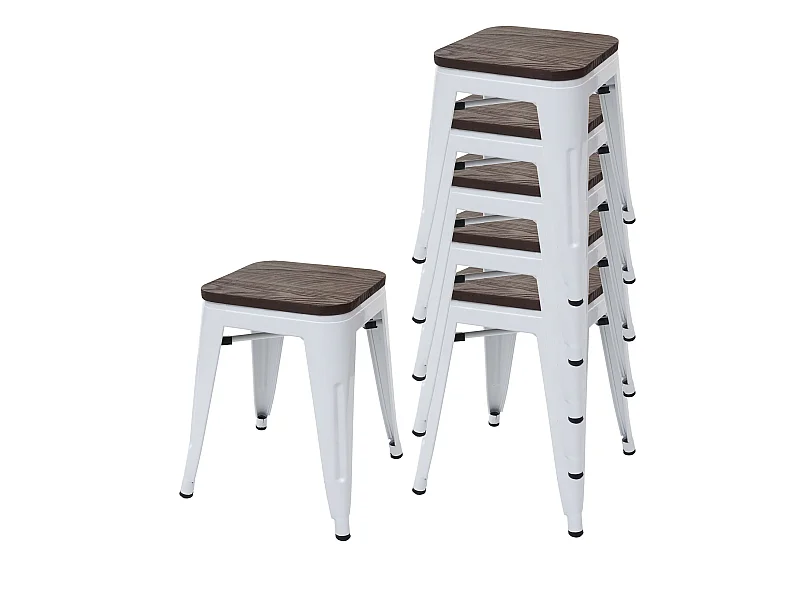 6x tabourets MCW-A73, assise en bois incluse,  blanc