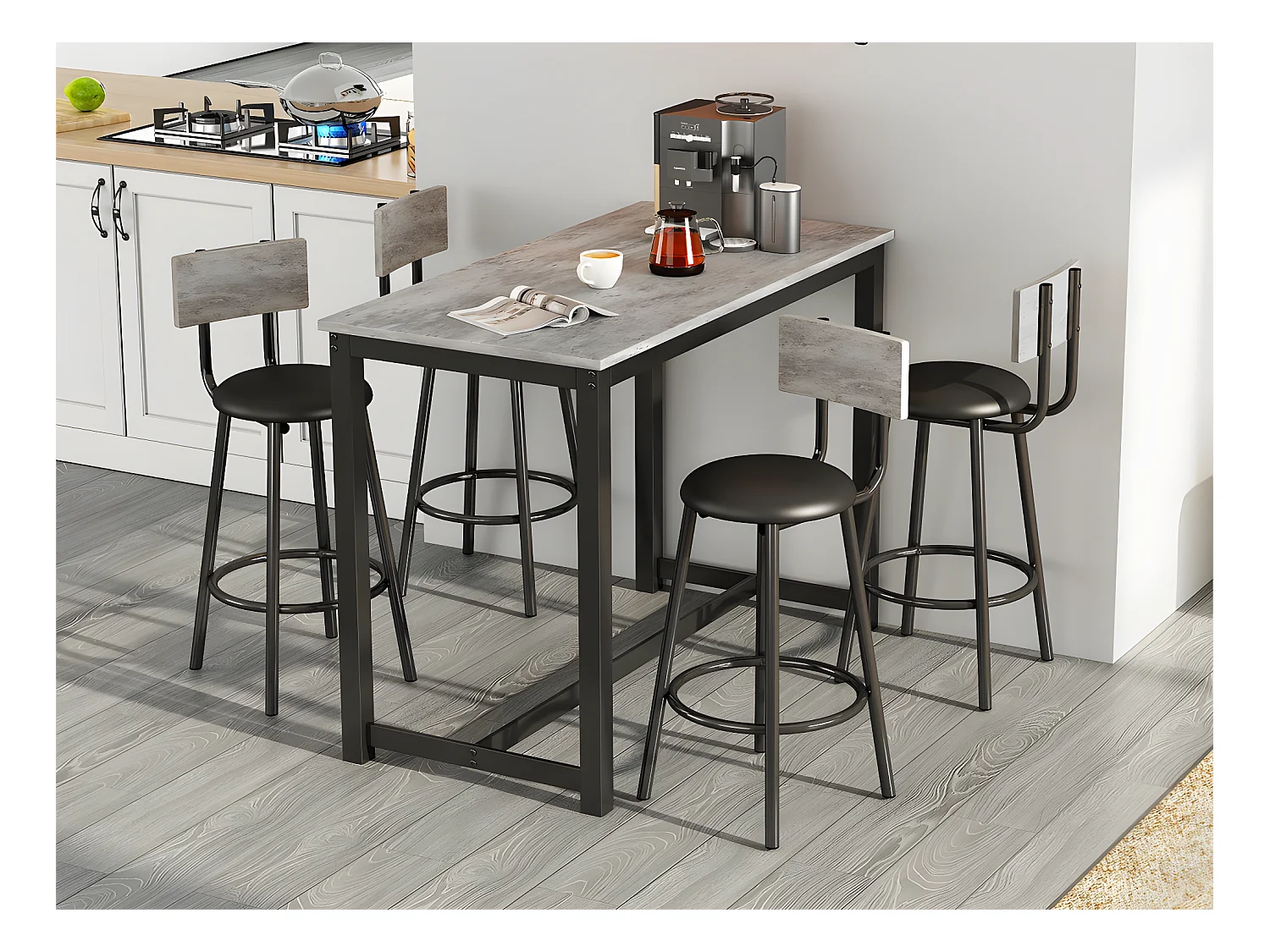 Tafel en 4 stoelenset - rechthoekige tafel - Zwart en Grijs