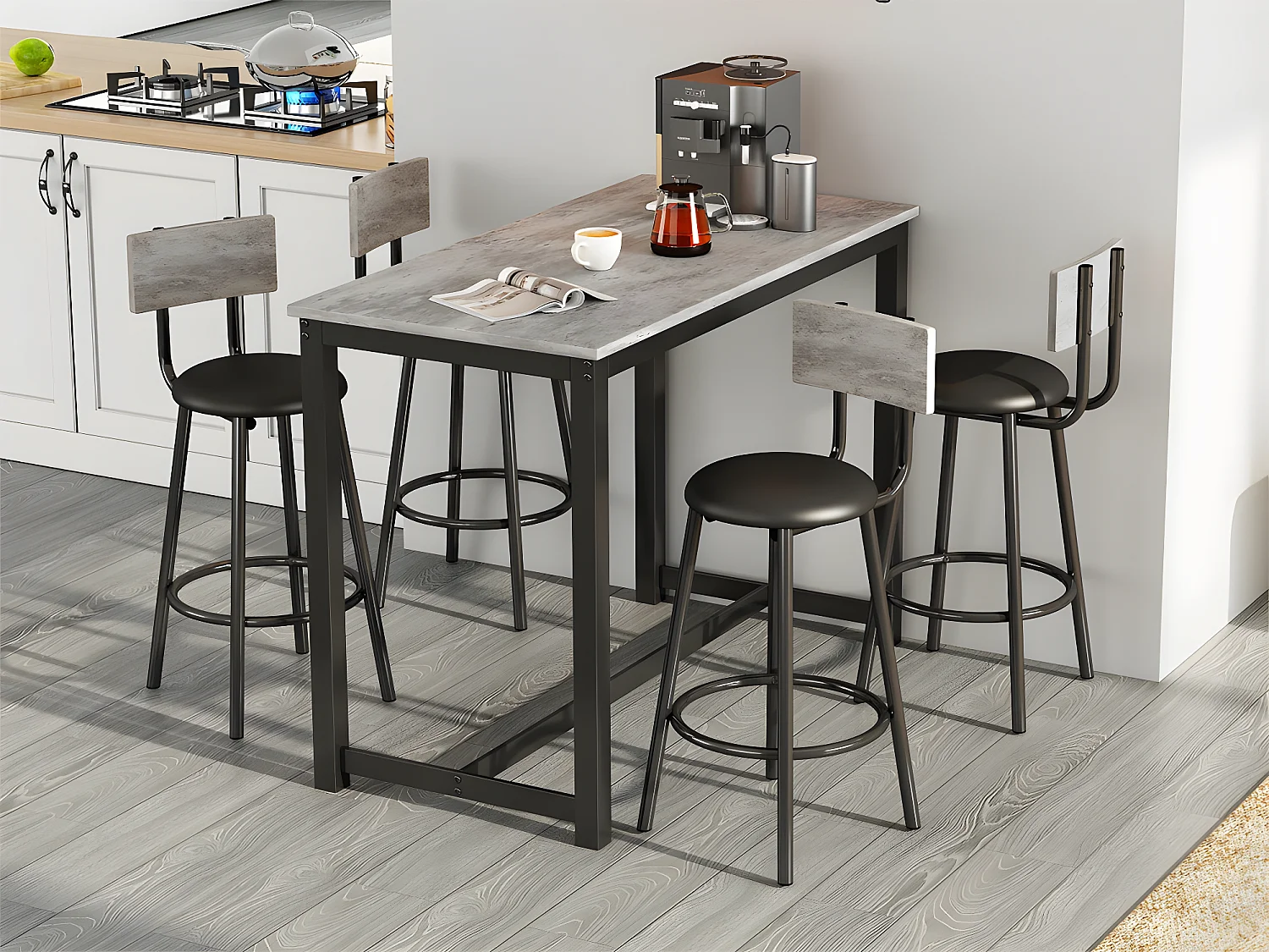 Tafel en 4 stoelenset - rechthoekige tafel - Zwart en Grijs