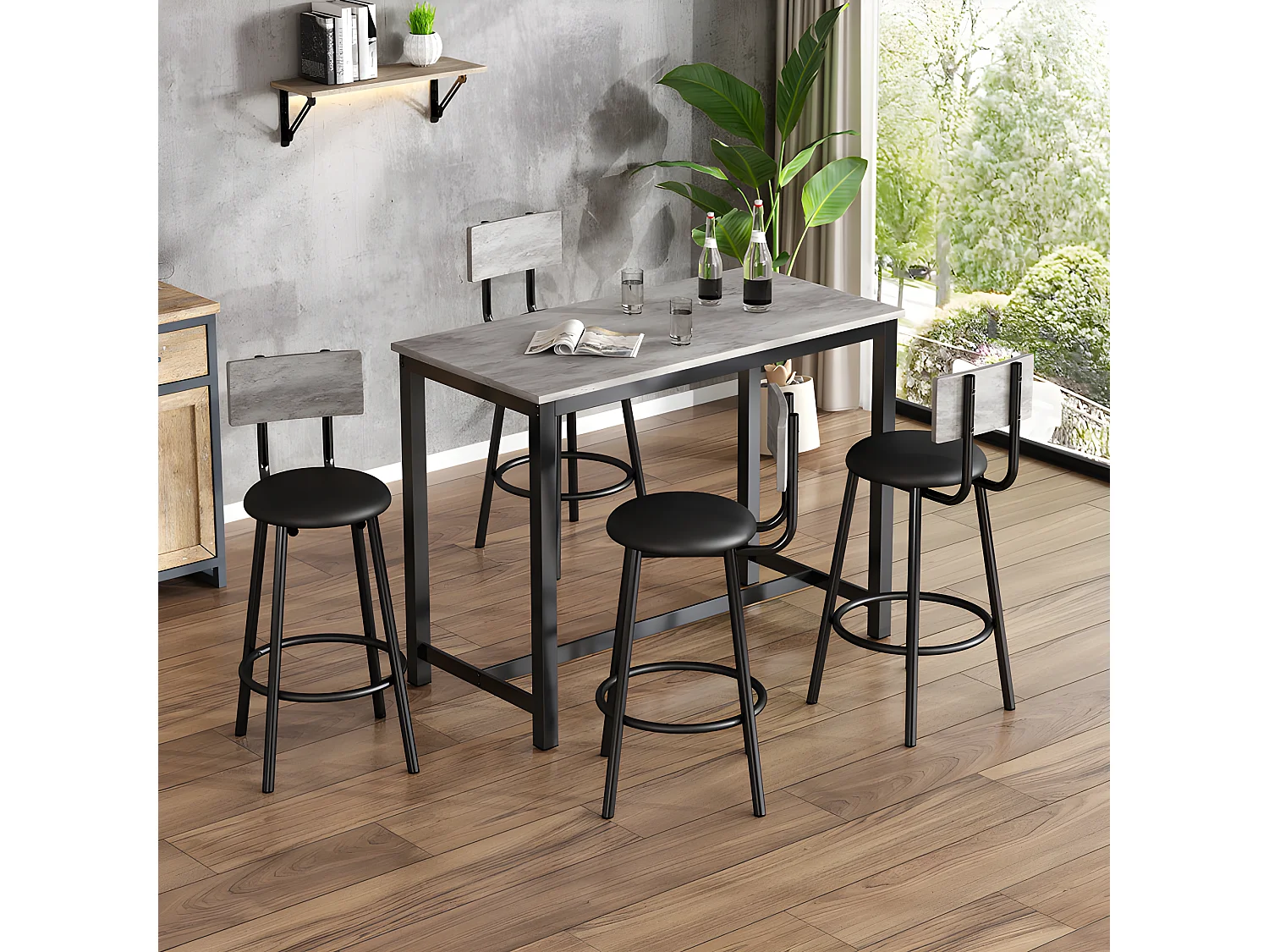 Tafel en 4 stoelenset - rechthoekige tafel - Zwart en Grijs