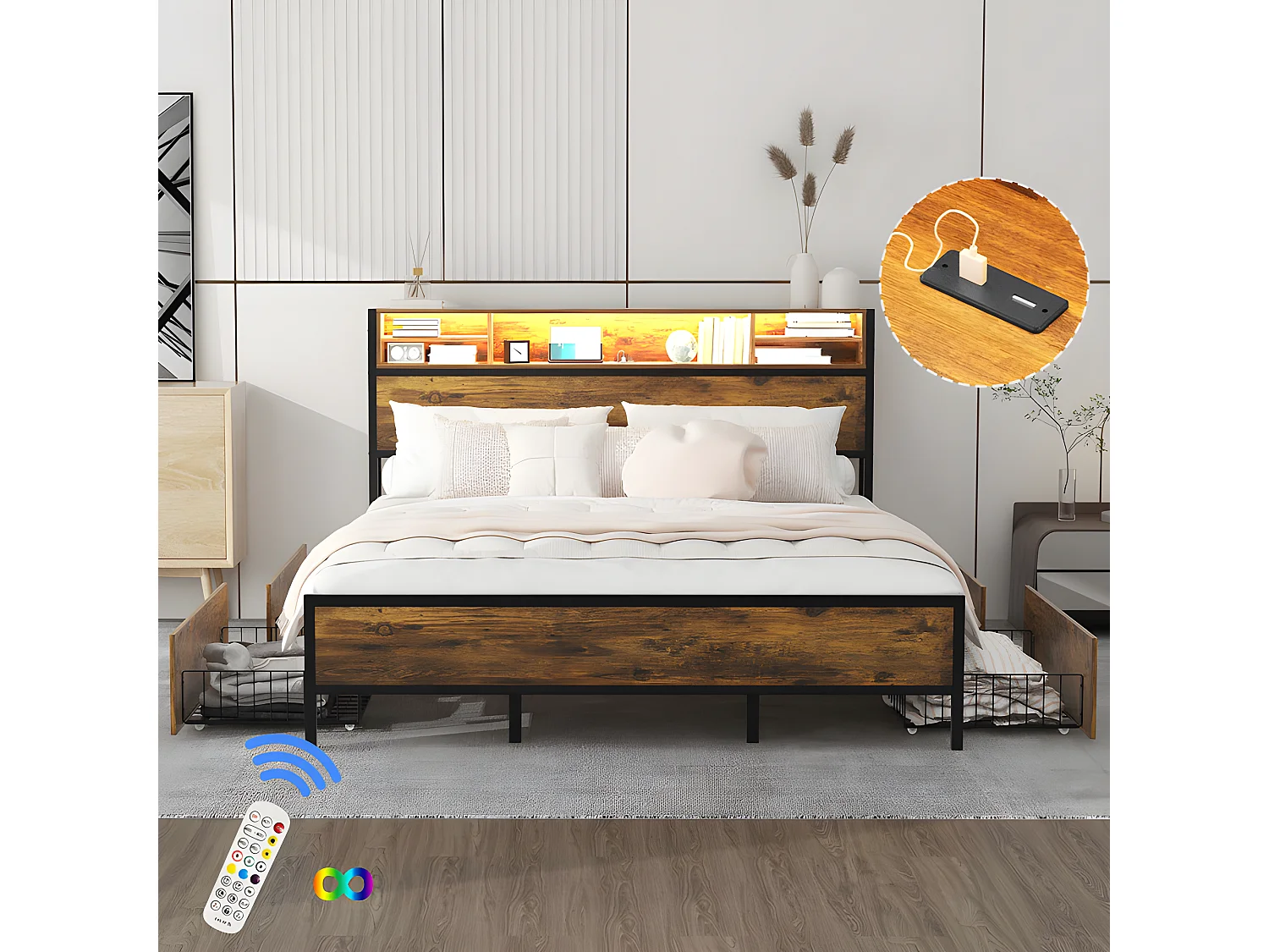 Tweepersoonsbed met 4 lades - 180x200cm - met LED en oplaadfunctie - metalen frame - Bruin