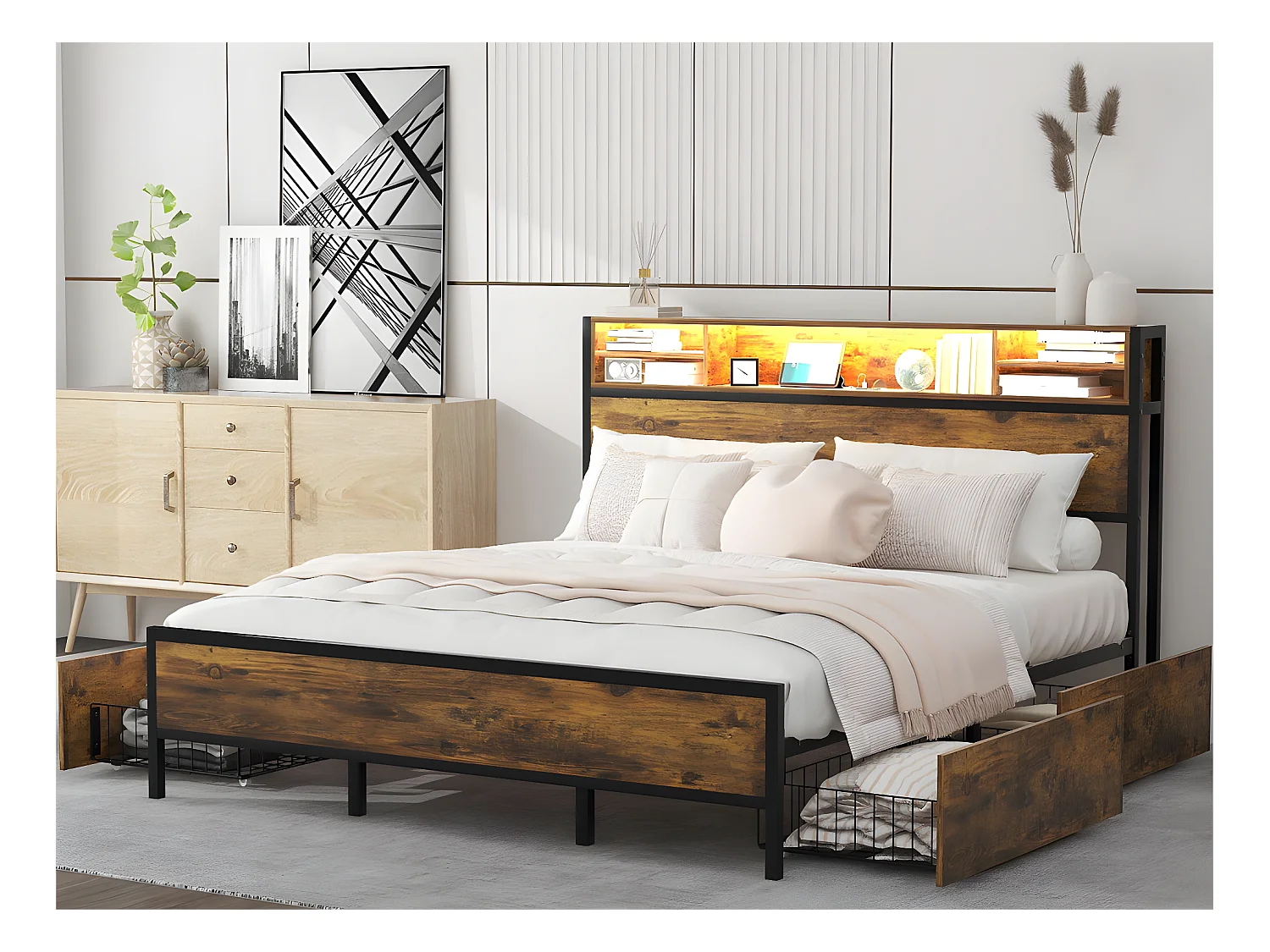 Tweepersoonsbed met 4 lades - 180x200cm - met LED en oplaadfunctie - metalen frame - Bruin