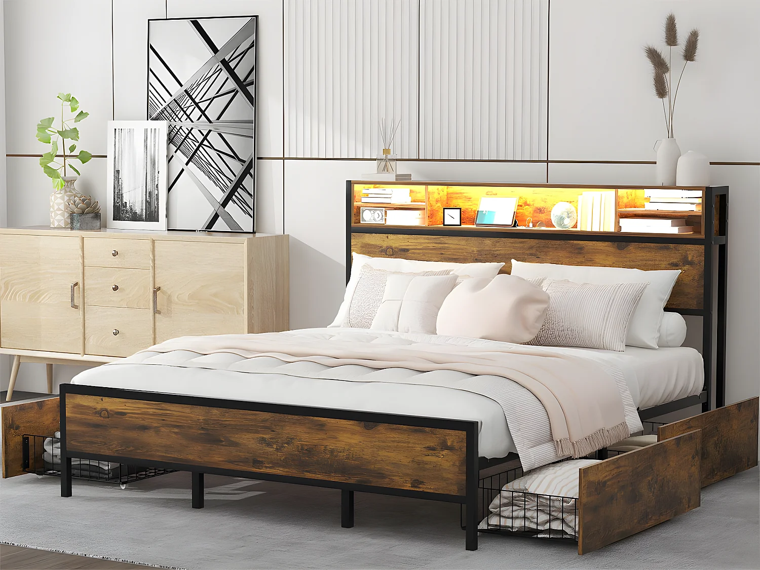 Lit double avec 4 tiroirs - 180x200cm - avec LED et fonction de charge - cadre en métal - Marron