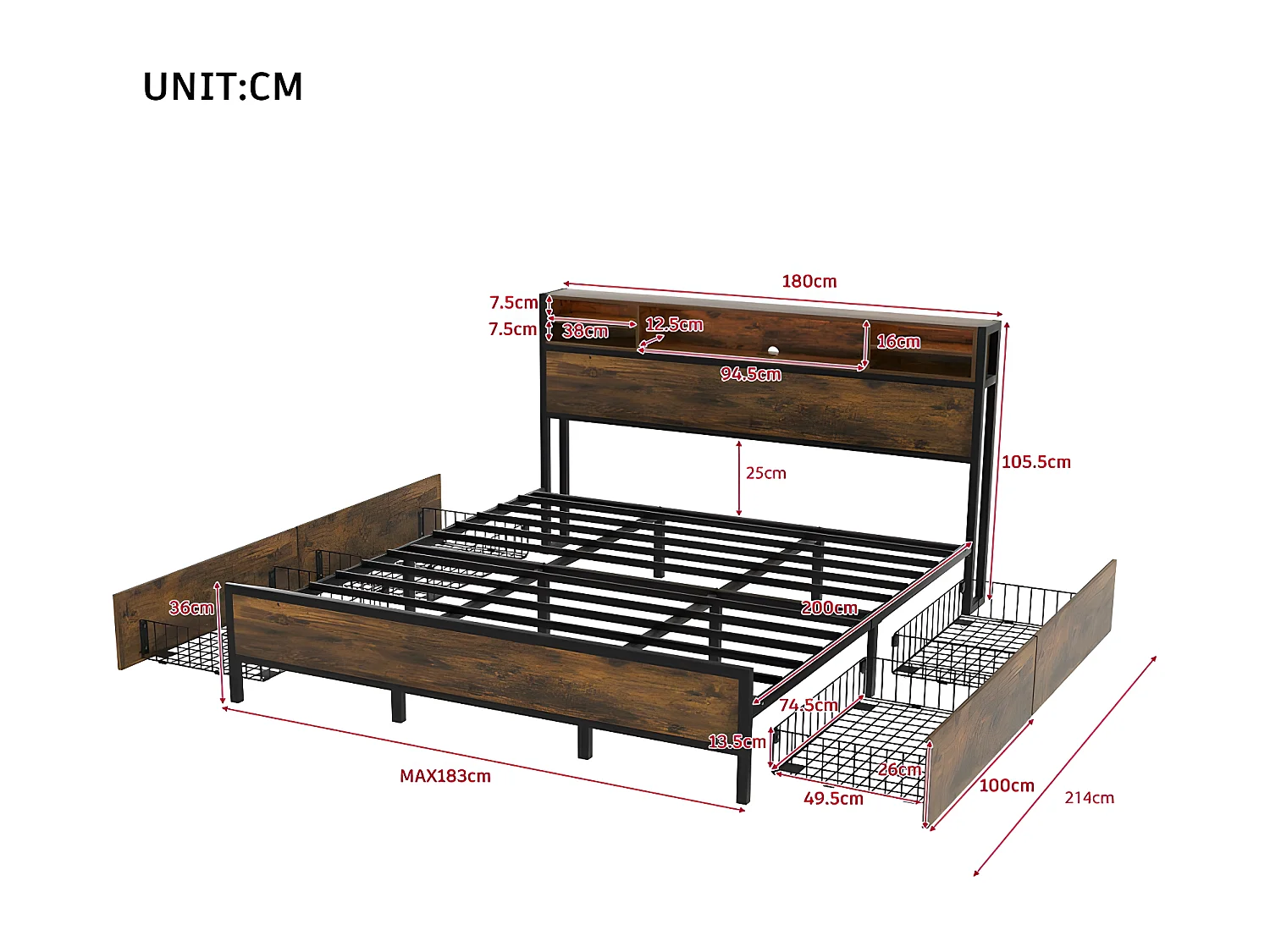 Lit double avec 4 tiroirs - 180x200cm - avec LED et fonction de charge - cadre en métal - Marron